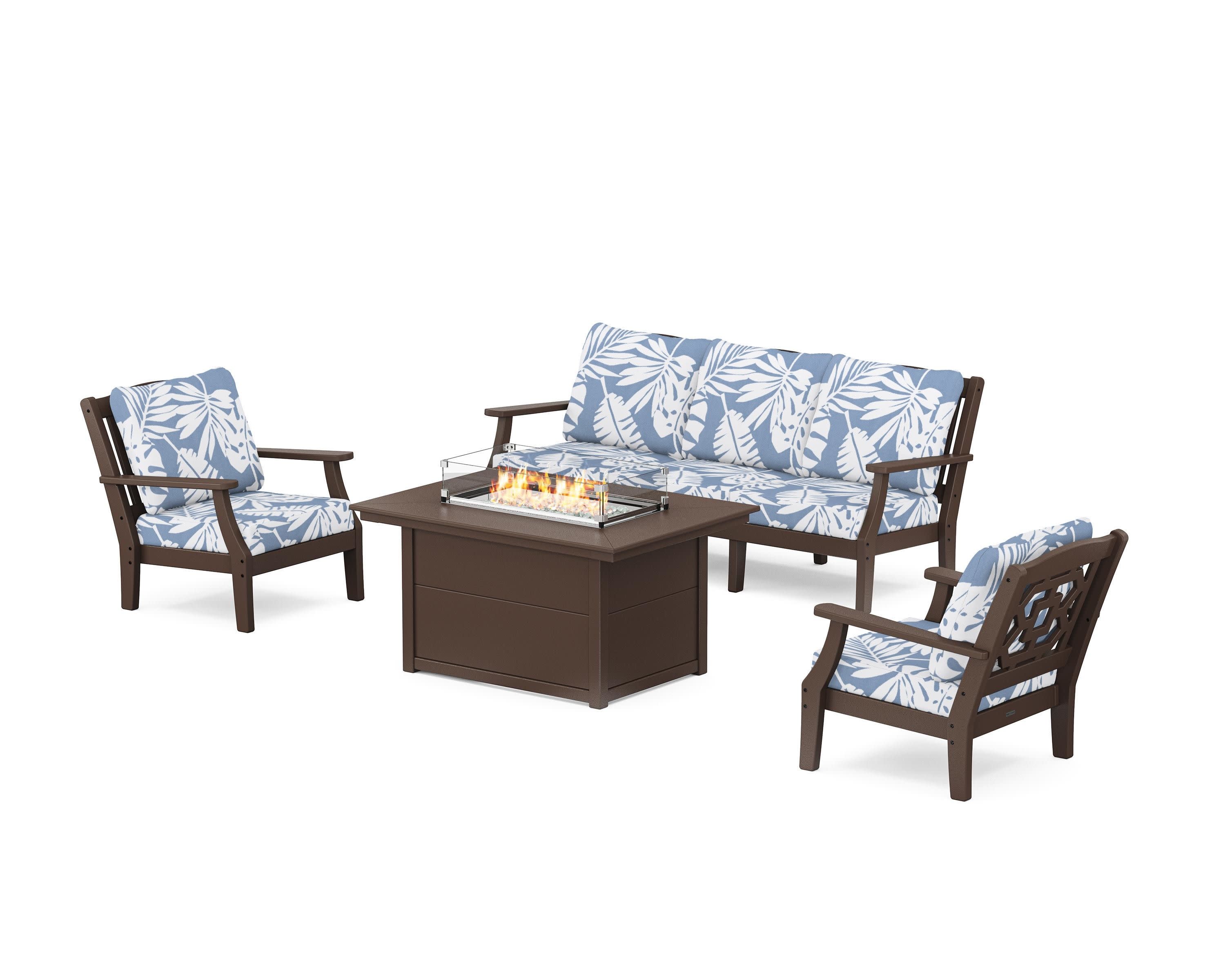 Chinoiserie Deep Seating Fire Pit Table Set in Mahogany / Leaf Sky Blue