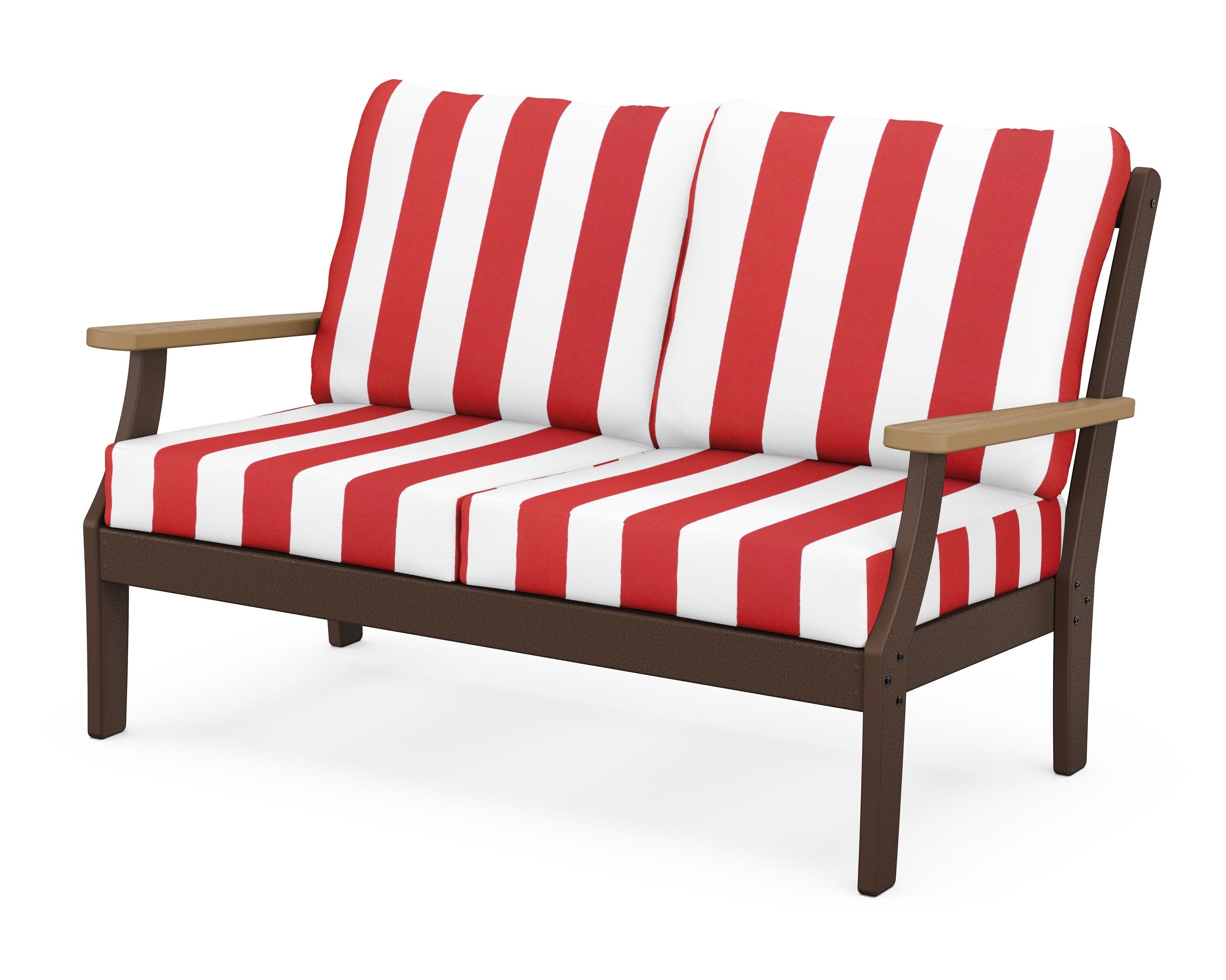 Braxton Deep Seating Loveseat in Mahogany / Natural / Cabana Stripe Crimson