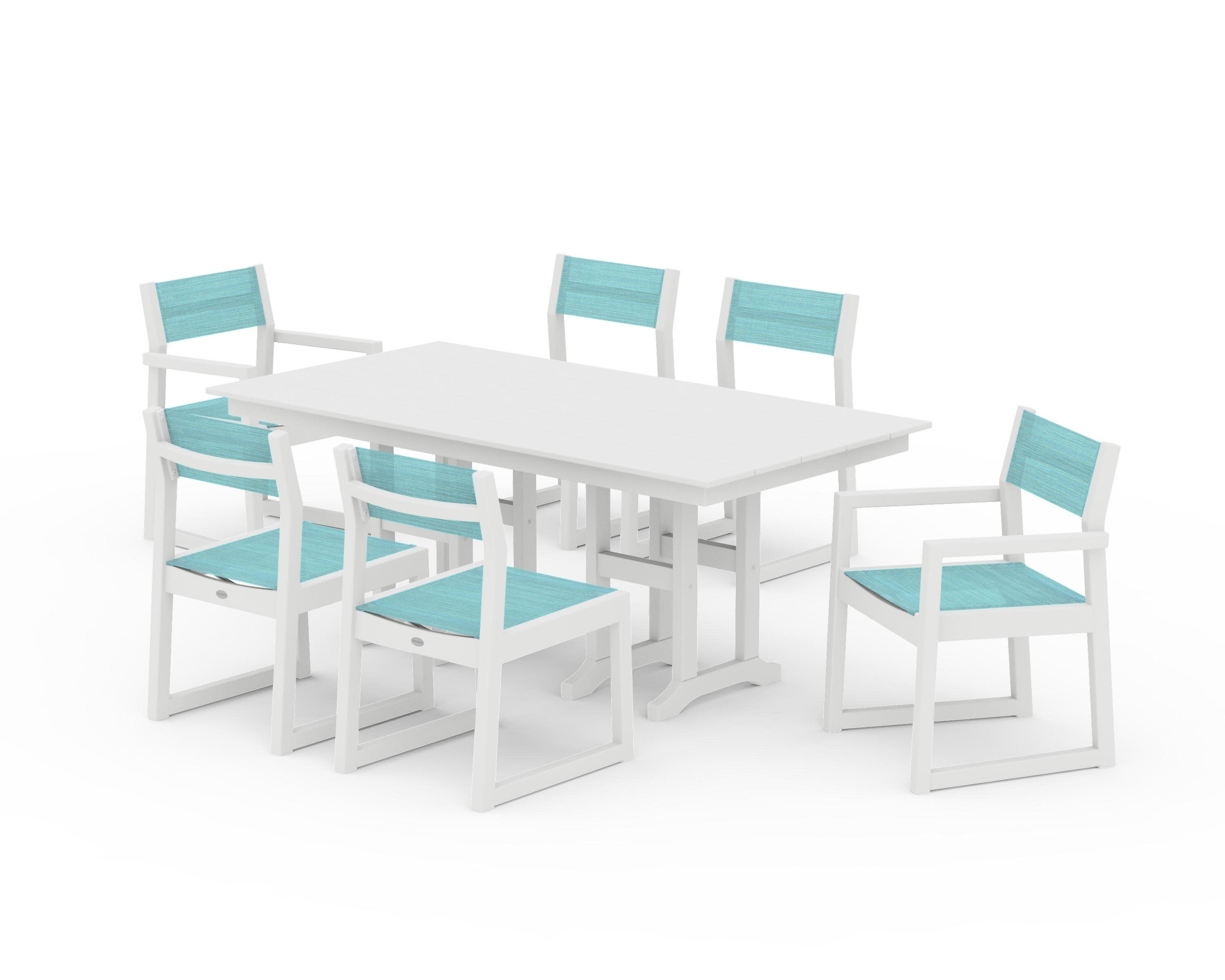 EDGE Sling 7-Piece Farmhouse Dining Set in White / Dupioni Aquamarine Sling