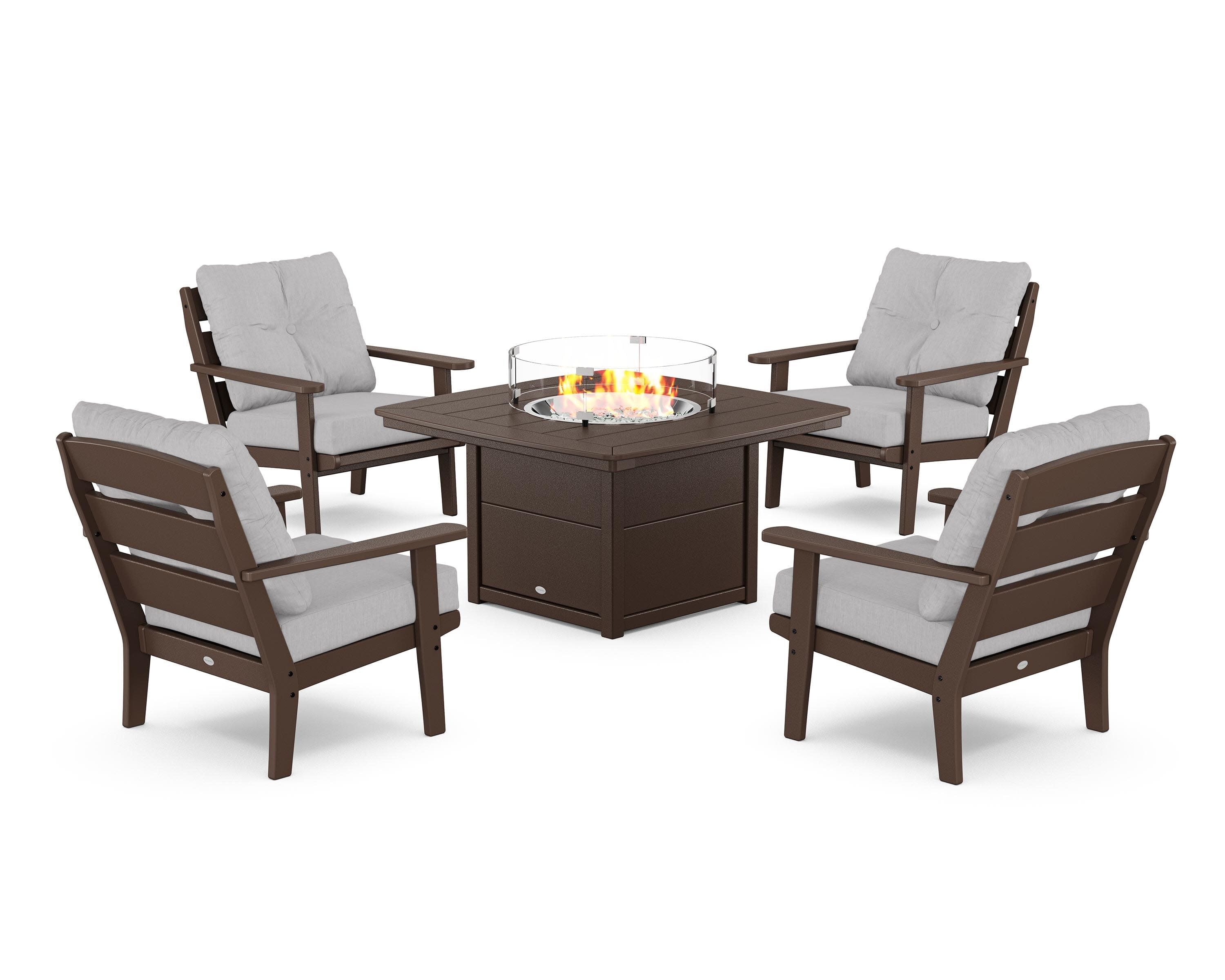 Lakeside 5-Piece Deep Seating Set with Nautical Fire Pit Table in Mahogany / Granite