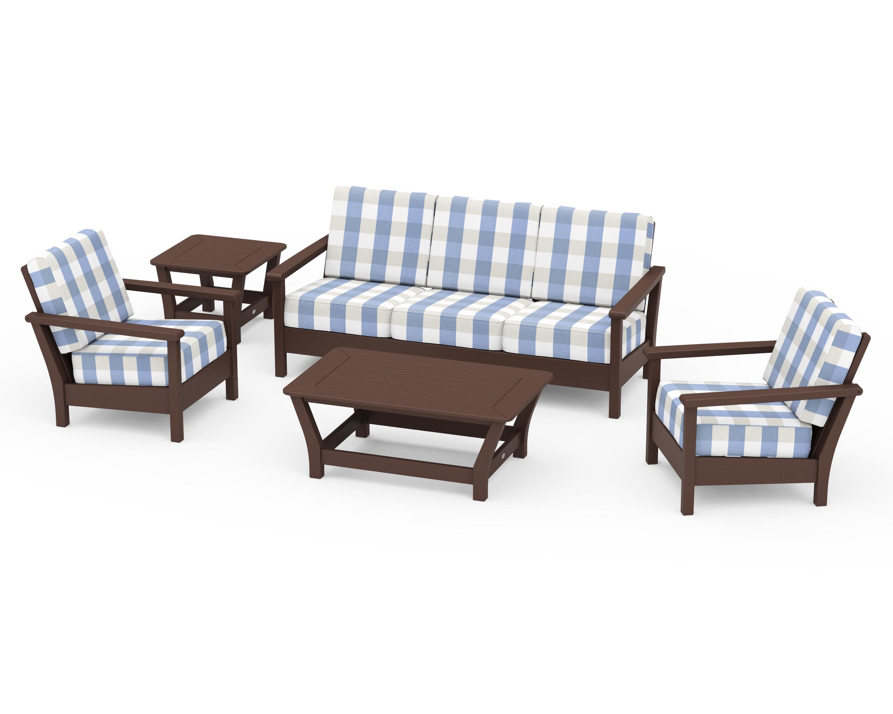 Harbour 5-Piece Deep Seating Set in Mahogany / Buffalo Plaid Sky Blue