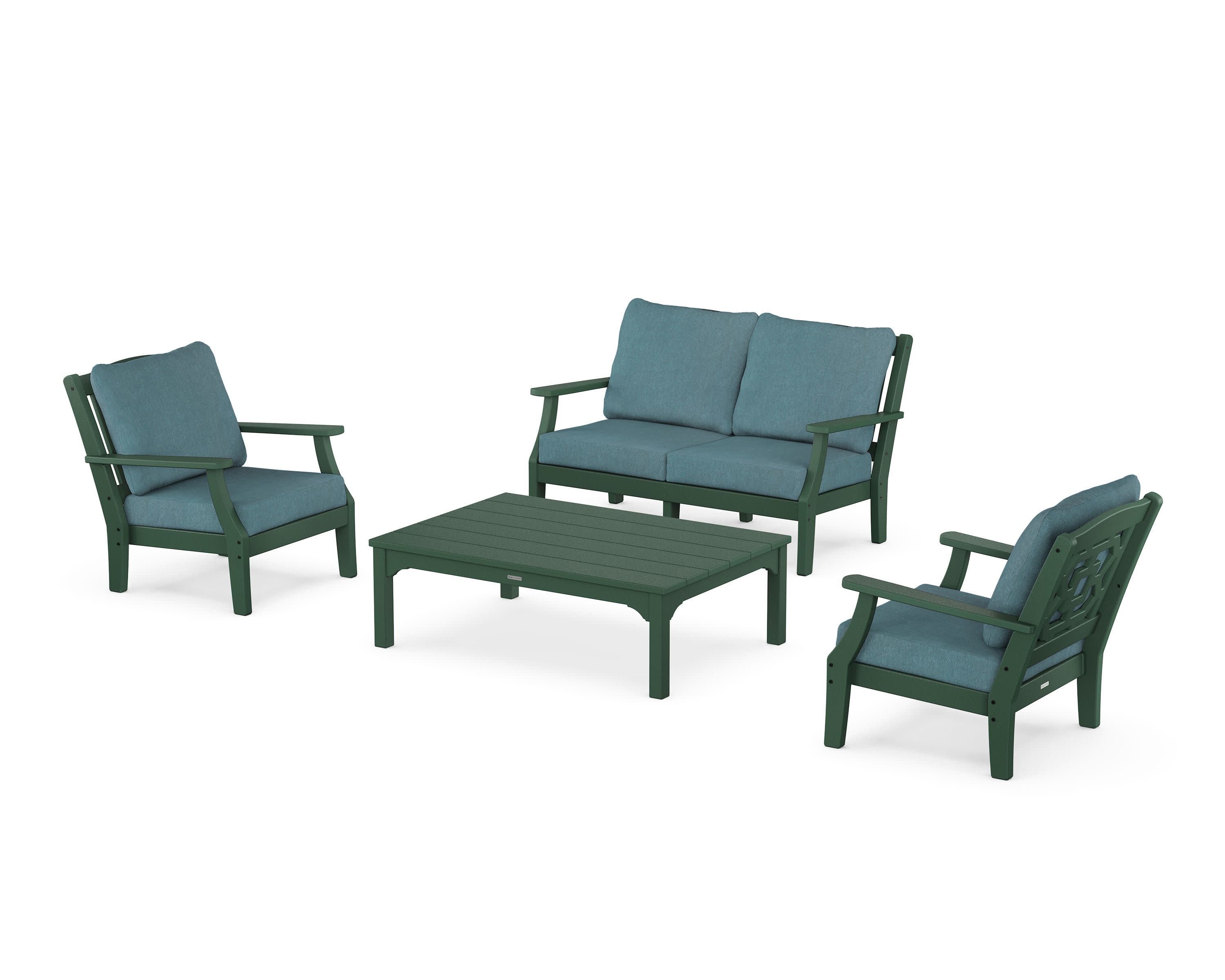 Chinoiserie 4-Piece Deep Seating Set with Loveseat in Green / Ocean Teal
