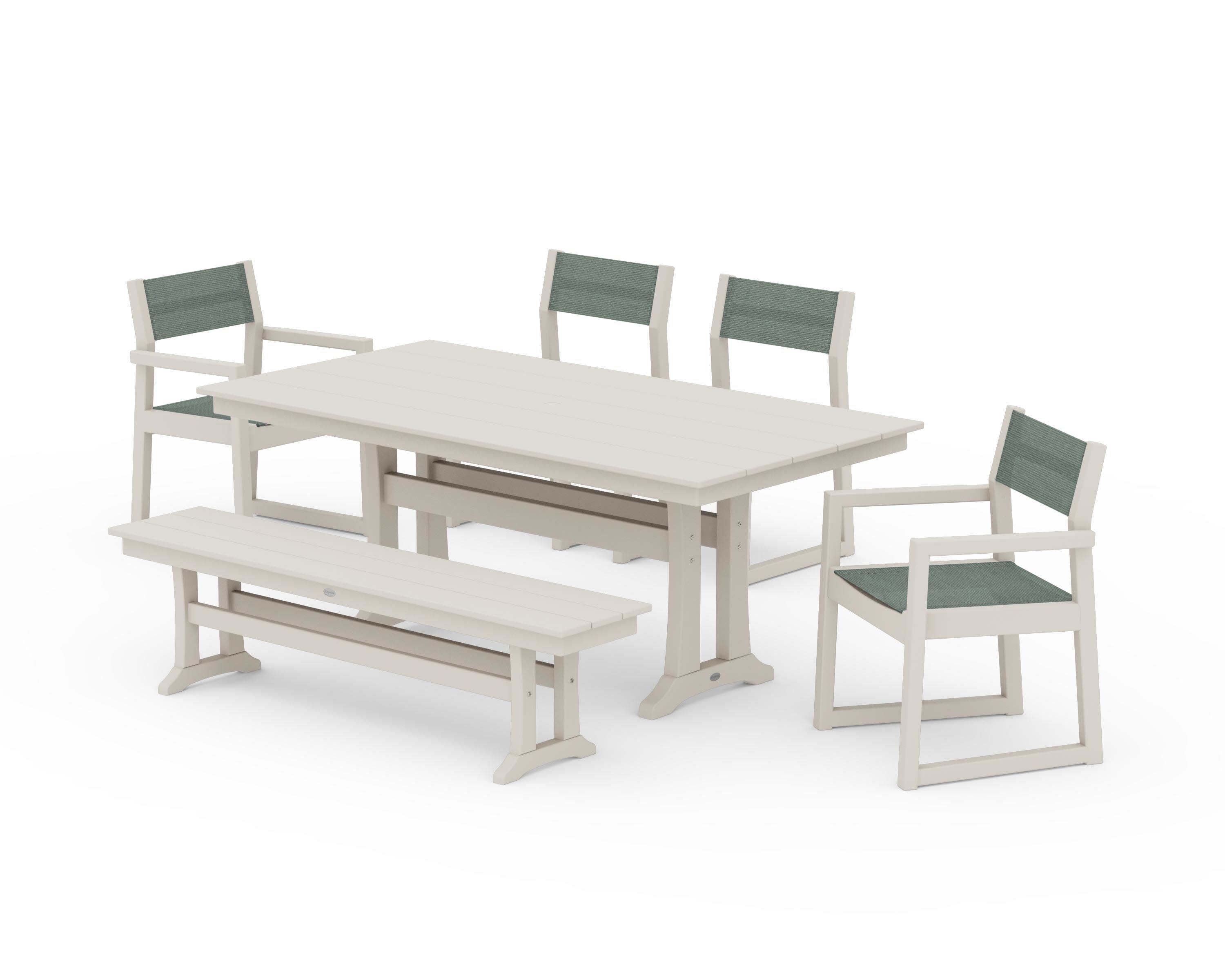 EDGE Sling 6-Piece Farmhouse Dining Set With Trestle Legs in Sand / Dupioni Sea Mist Sling