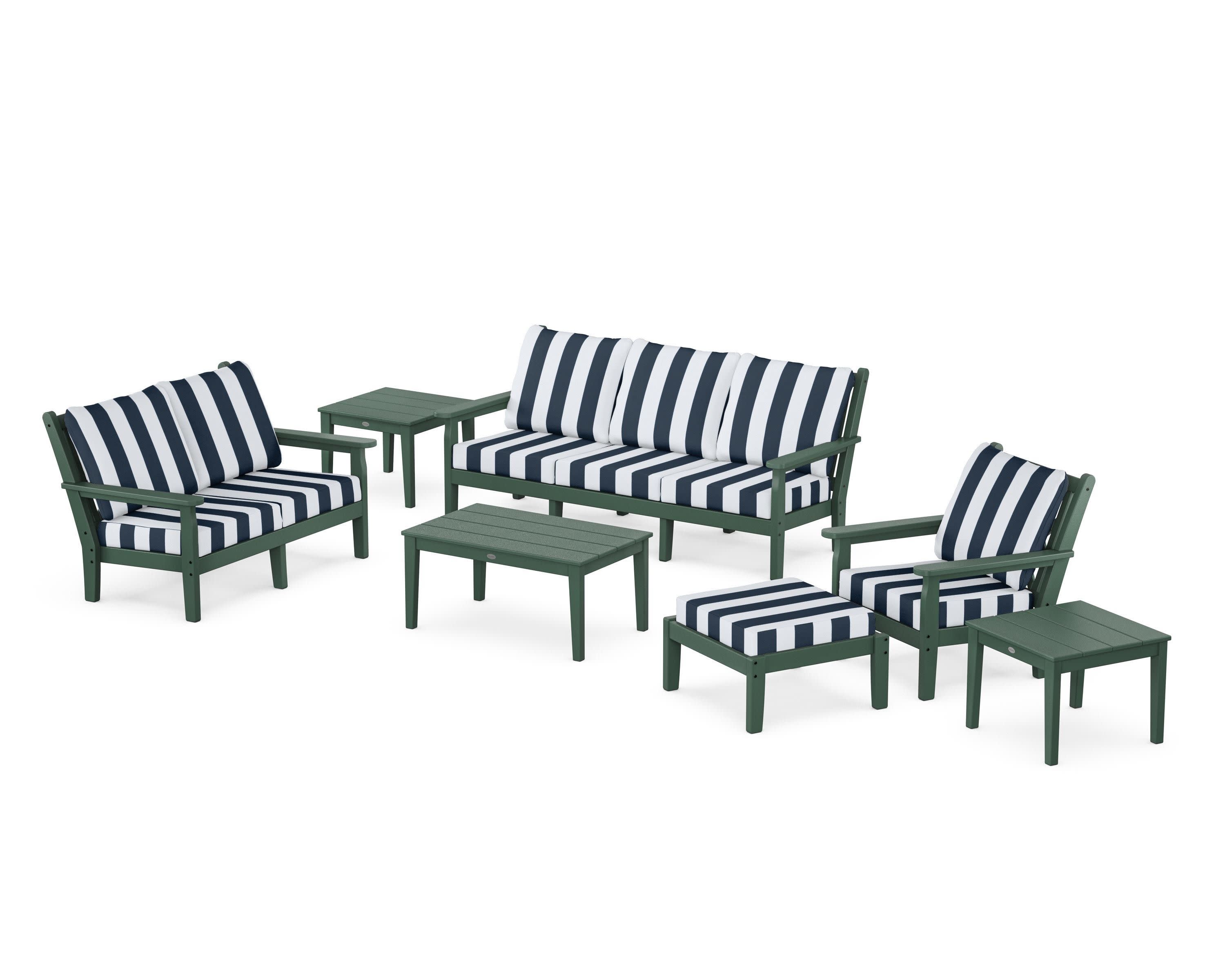 Chippendale 7-Piece Deep Seating Set in Green / Cabana Stripe Marine Indigo