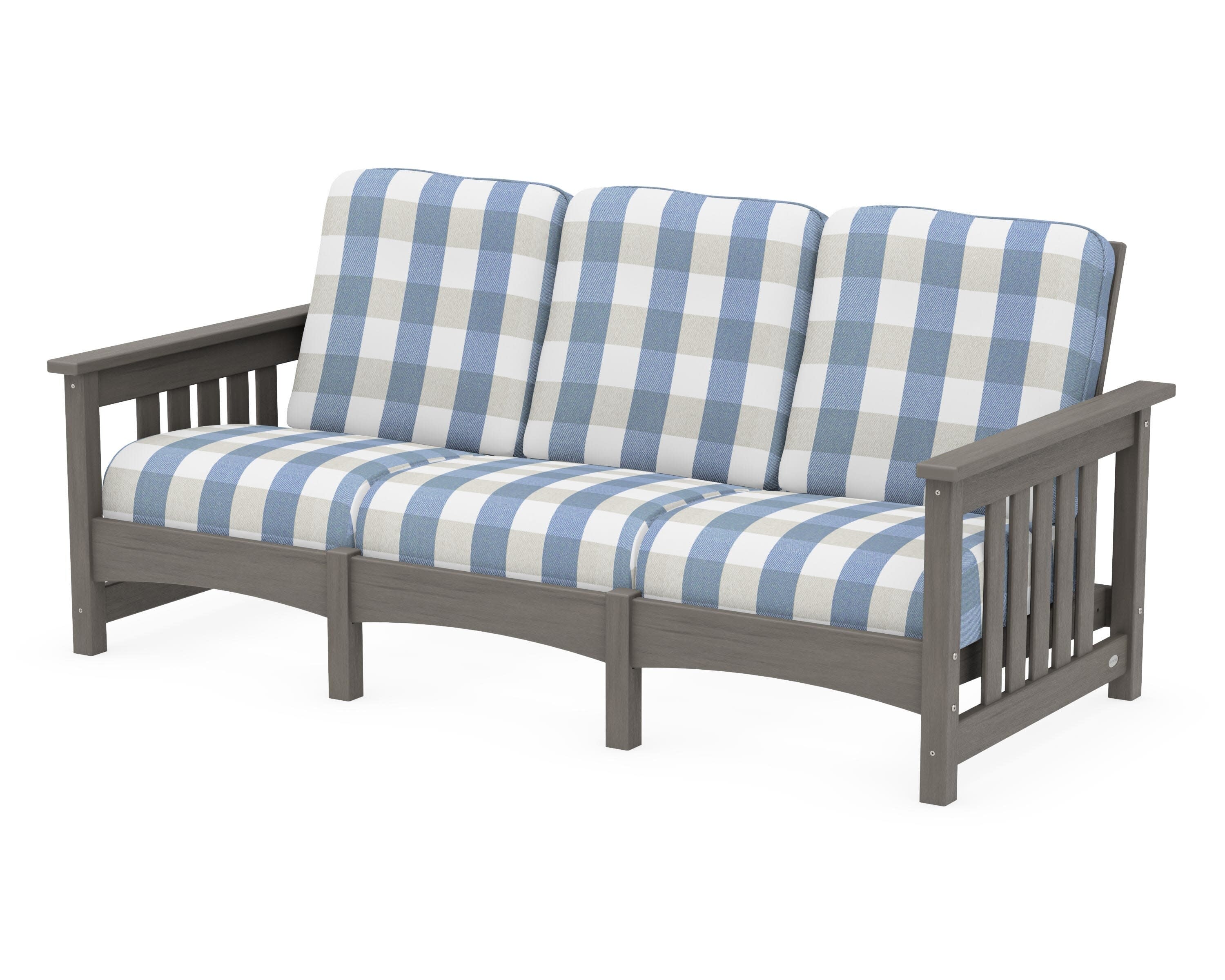 Club Mission Sofa in Driftwood / Buffalo Plaid Sky Blue
