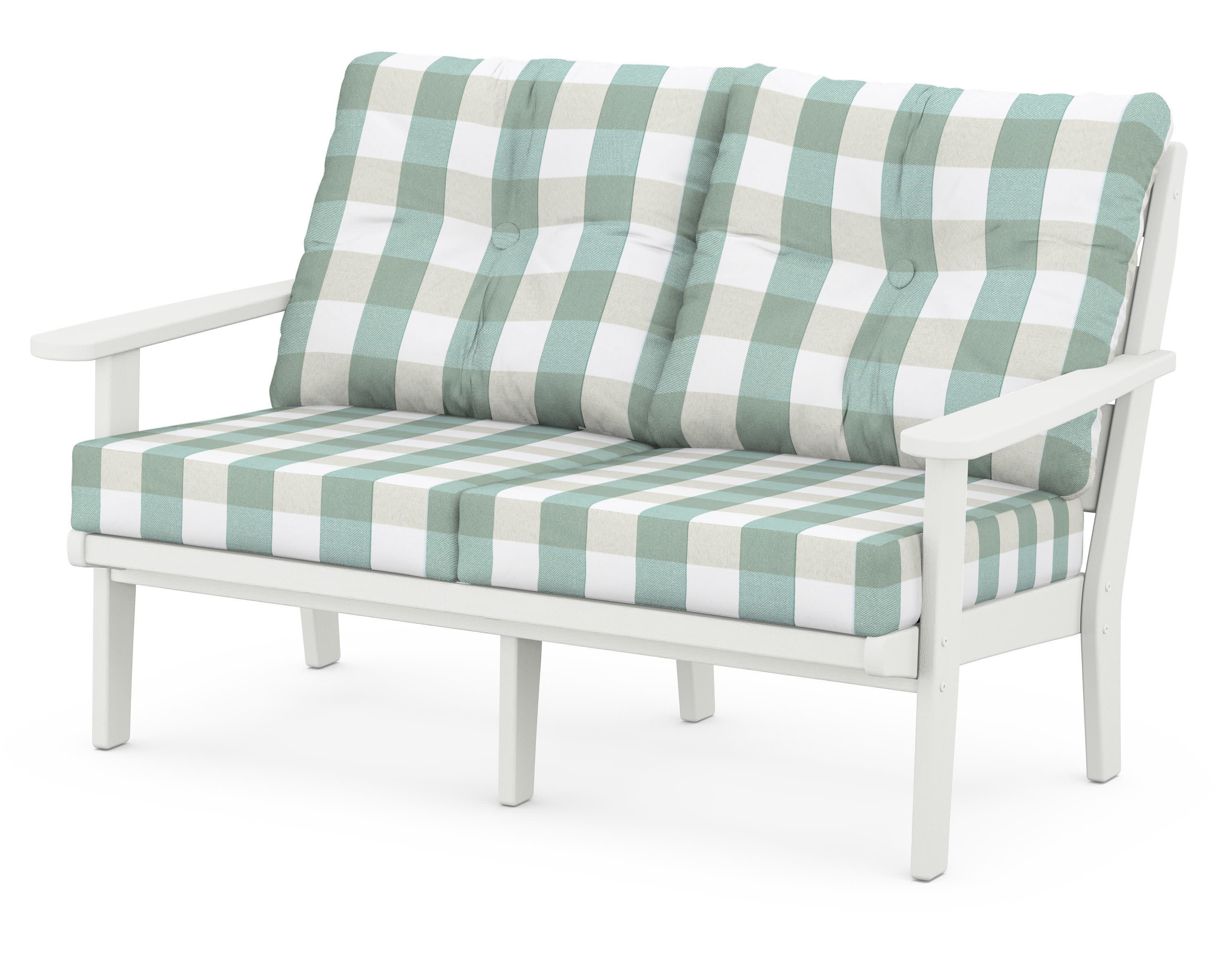 Lakeside Deep Seating Loveseat in Vintage White / Buffalo Plaid Glacier Spa