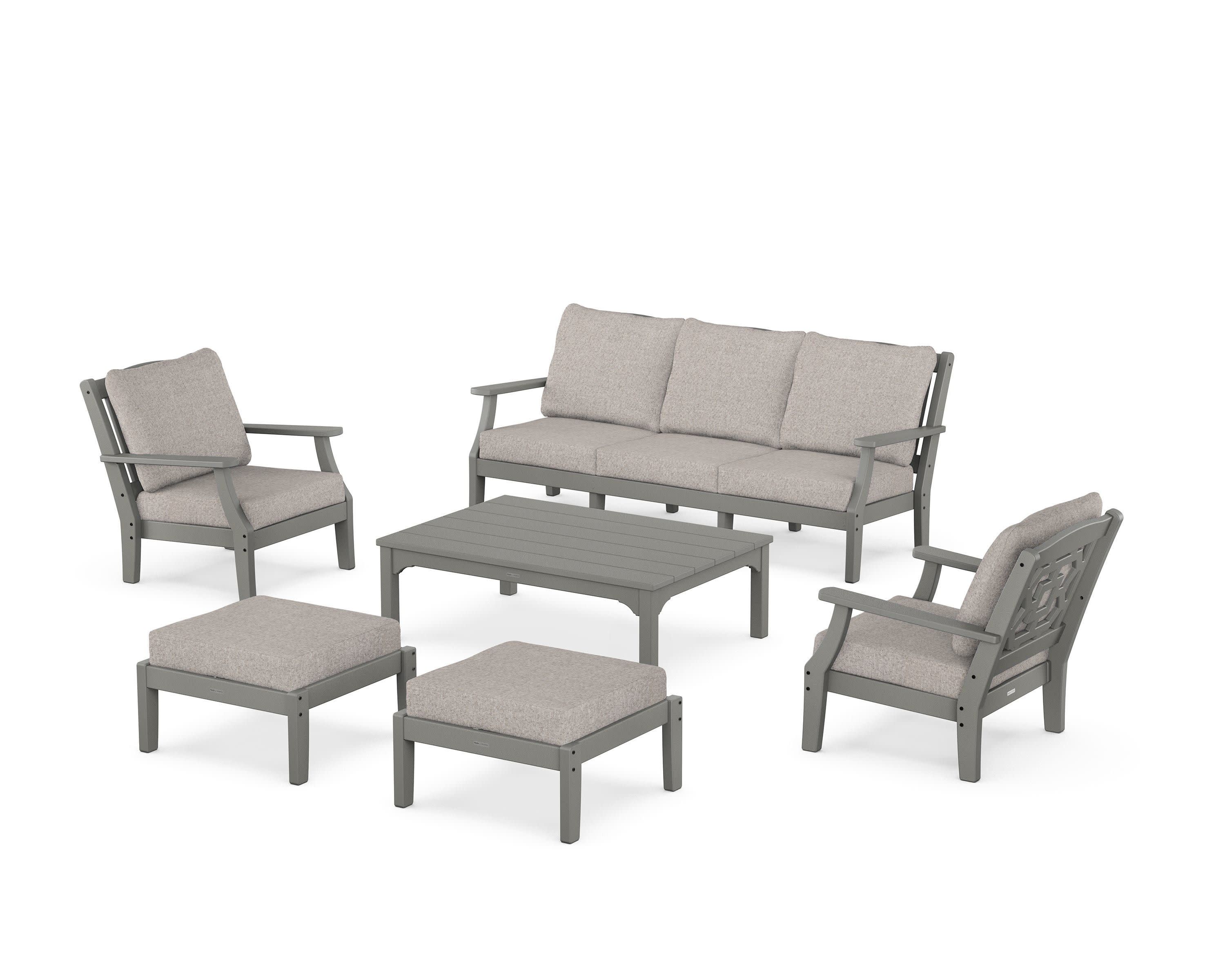 Chinoiserie 6-Piece Lounge Sofa Set in Slate Grey / Weathered Tweed