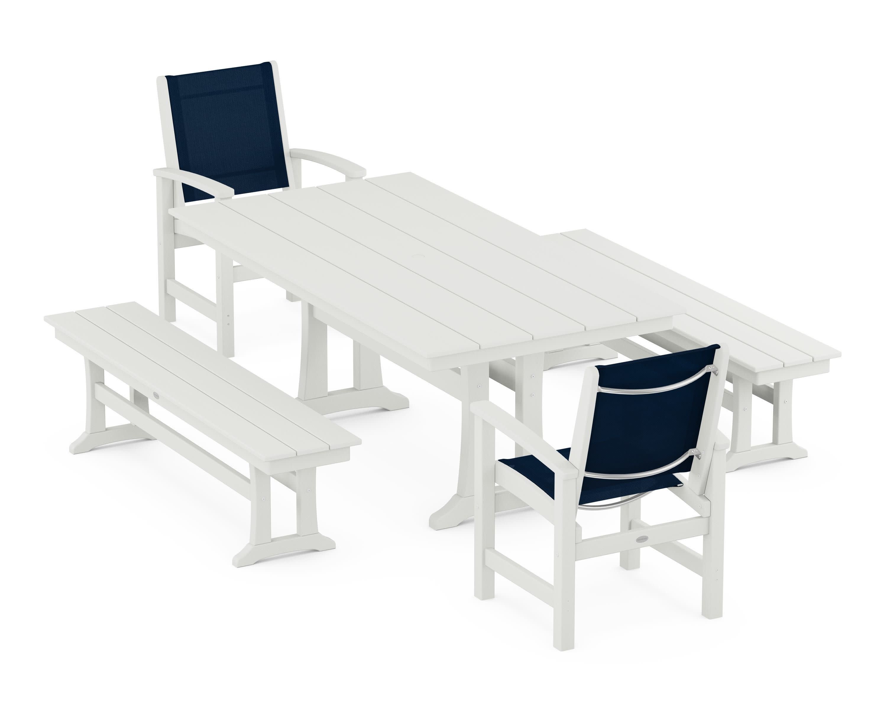 Coastal 5-Piece Farmhouse Dining Set with Trestle Legs and Benches in Vintage White / Navy Blue Sling