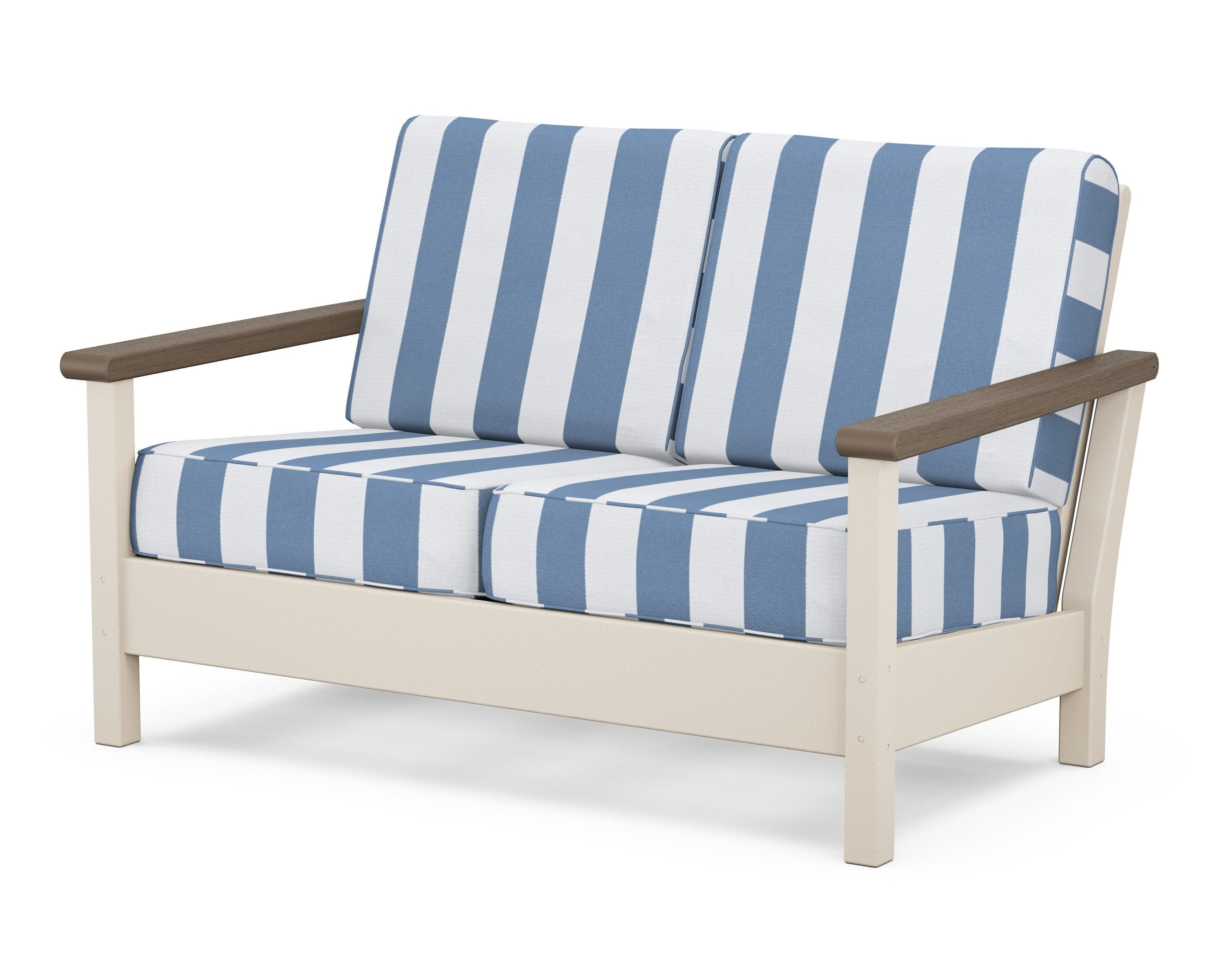 Harbour Deep Seating Loveseat in Sand / Kona / Cabana Stripe Sky Blue