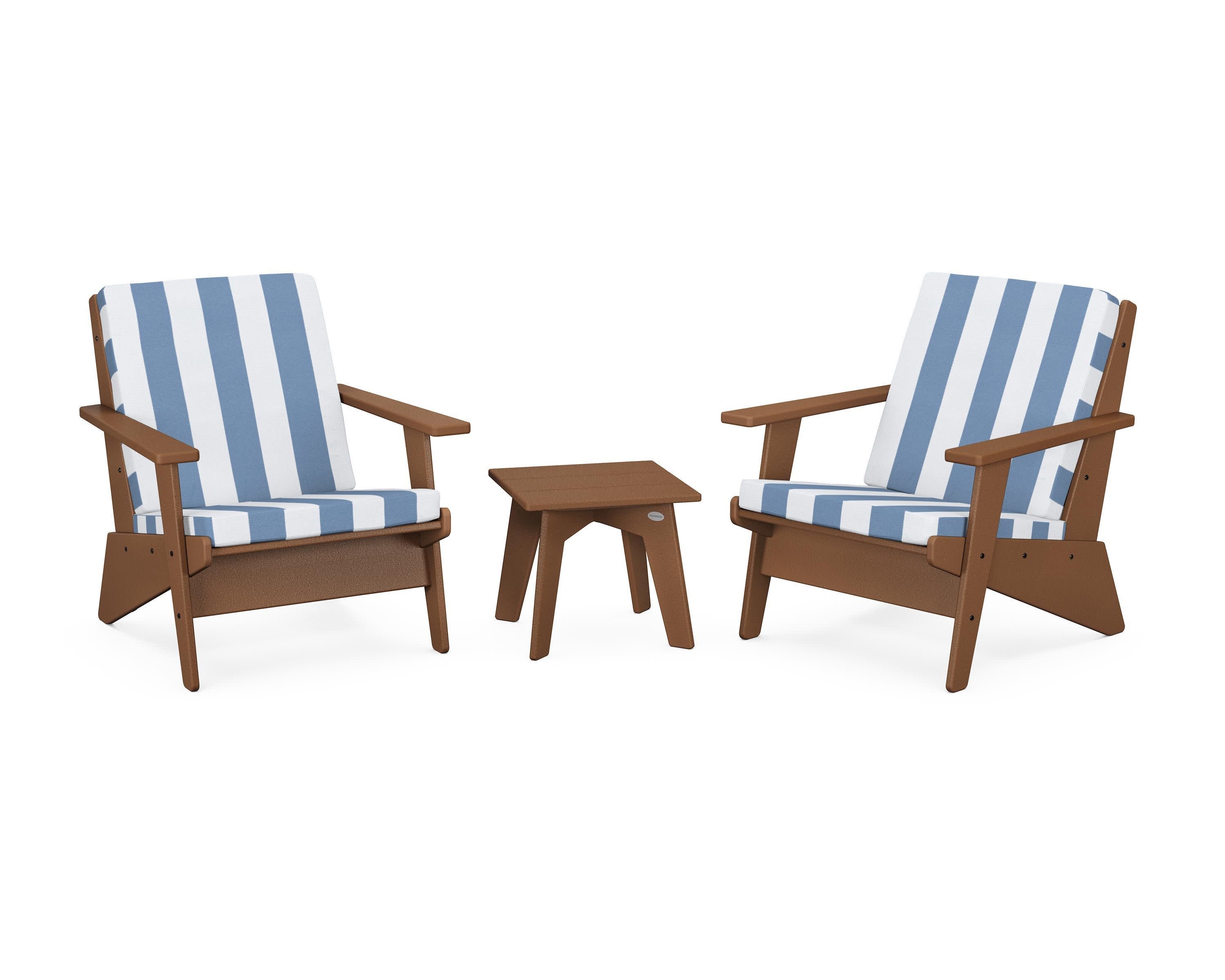 Riviera Modern Lounge 3-Piece Set in Teak / Cabana Stripe Sky Blue