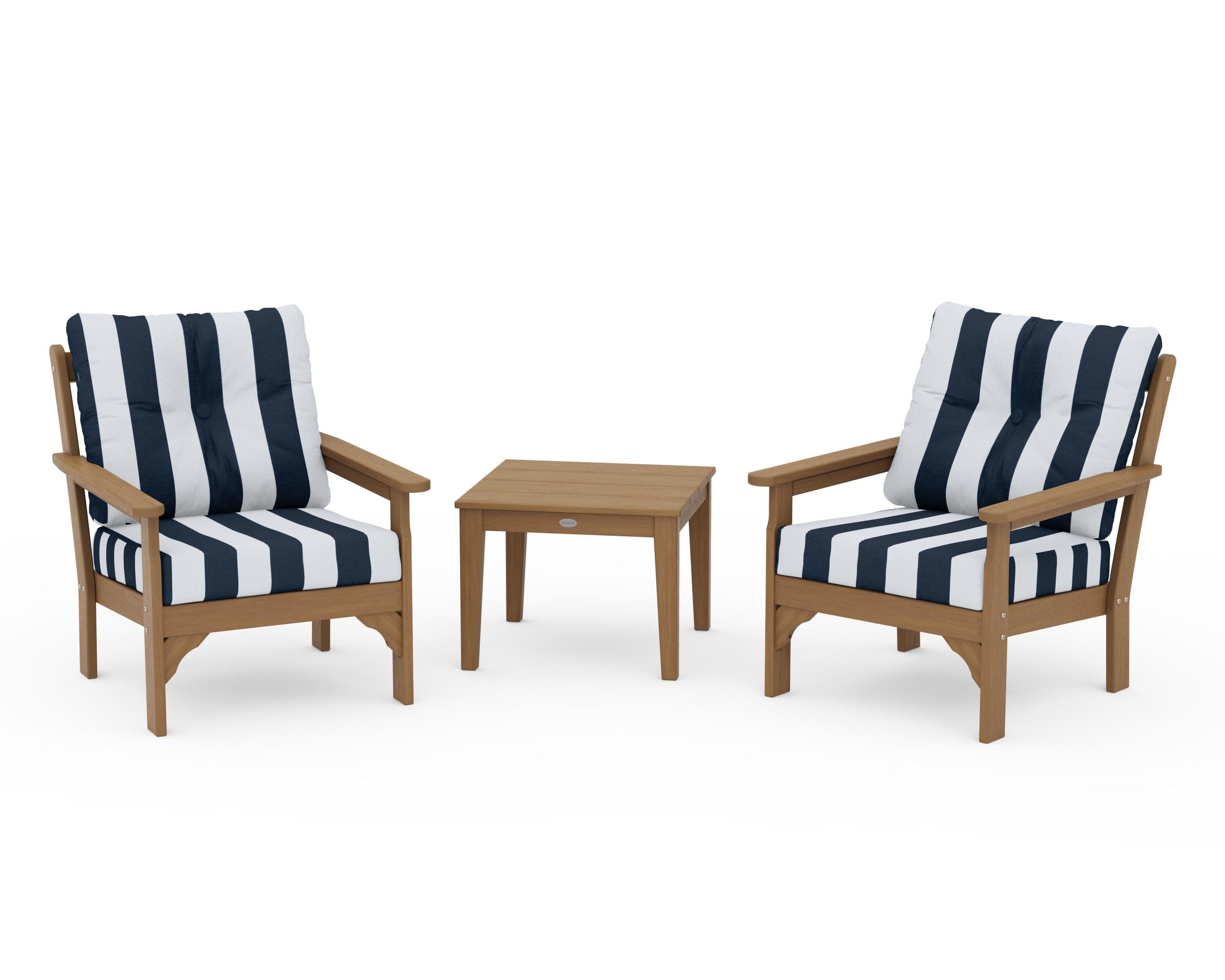 Vineyard 3-Piece Deep Seating Set in Natural / Cabana Stripe Marine Indigo