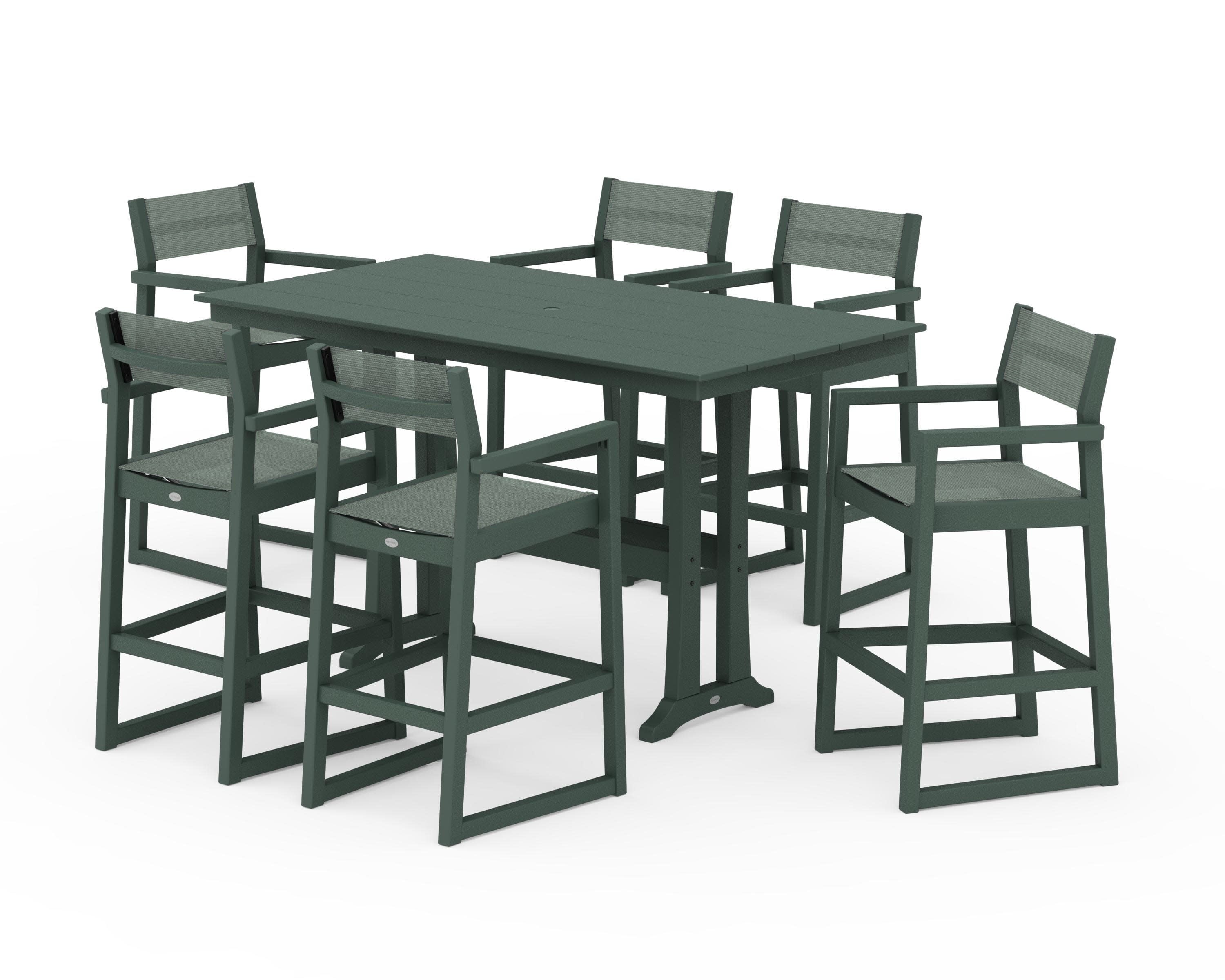 EDGE Sling Arm Chair 7-Piece Farmhouse Bar Set with Trestle Legs in Green / Dupioni Sea Mist Sling