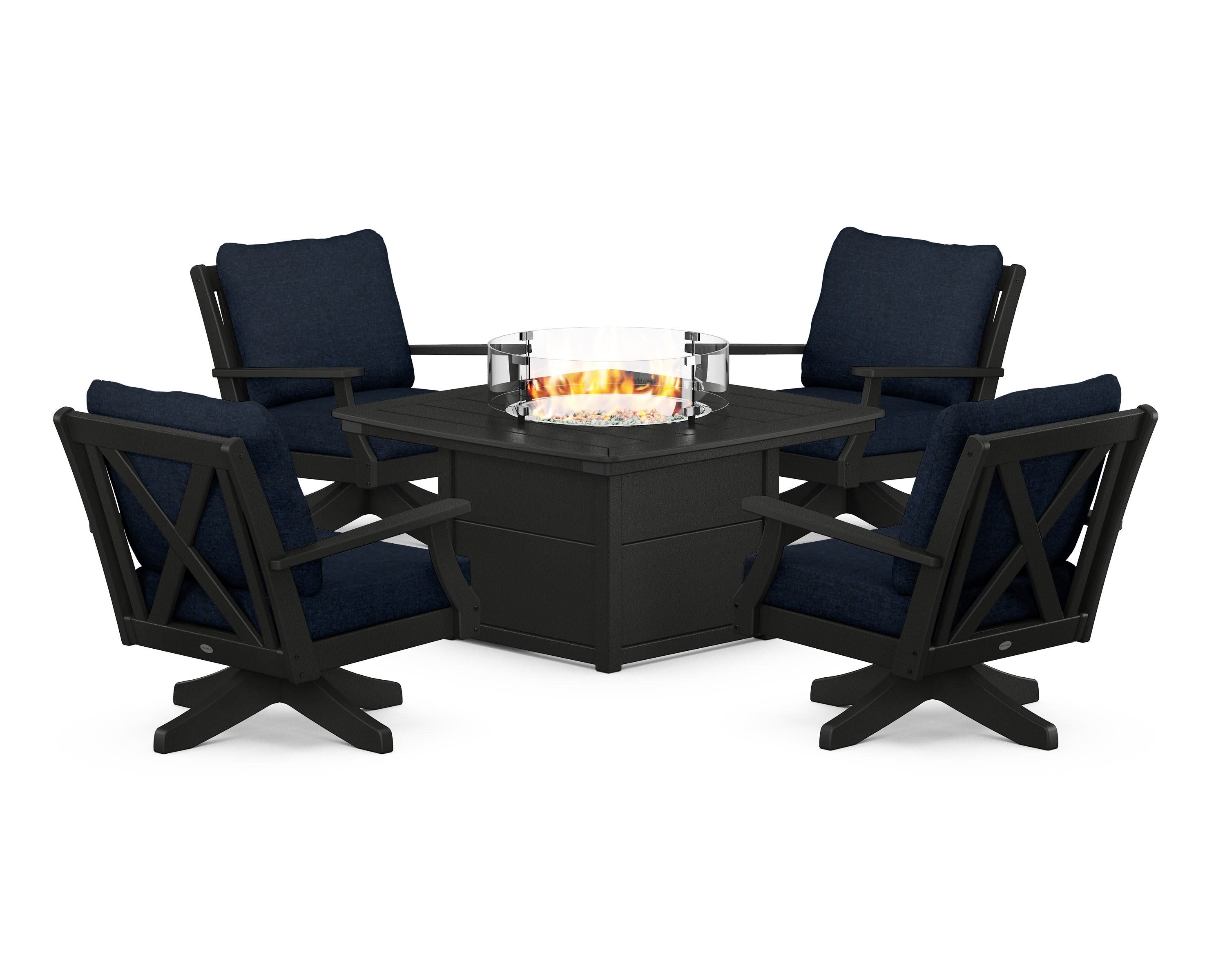 Braxton 5-Piece Deep Seating Swivel Conversation Set with Fire Pit Table in Black / Marine Indigo