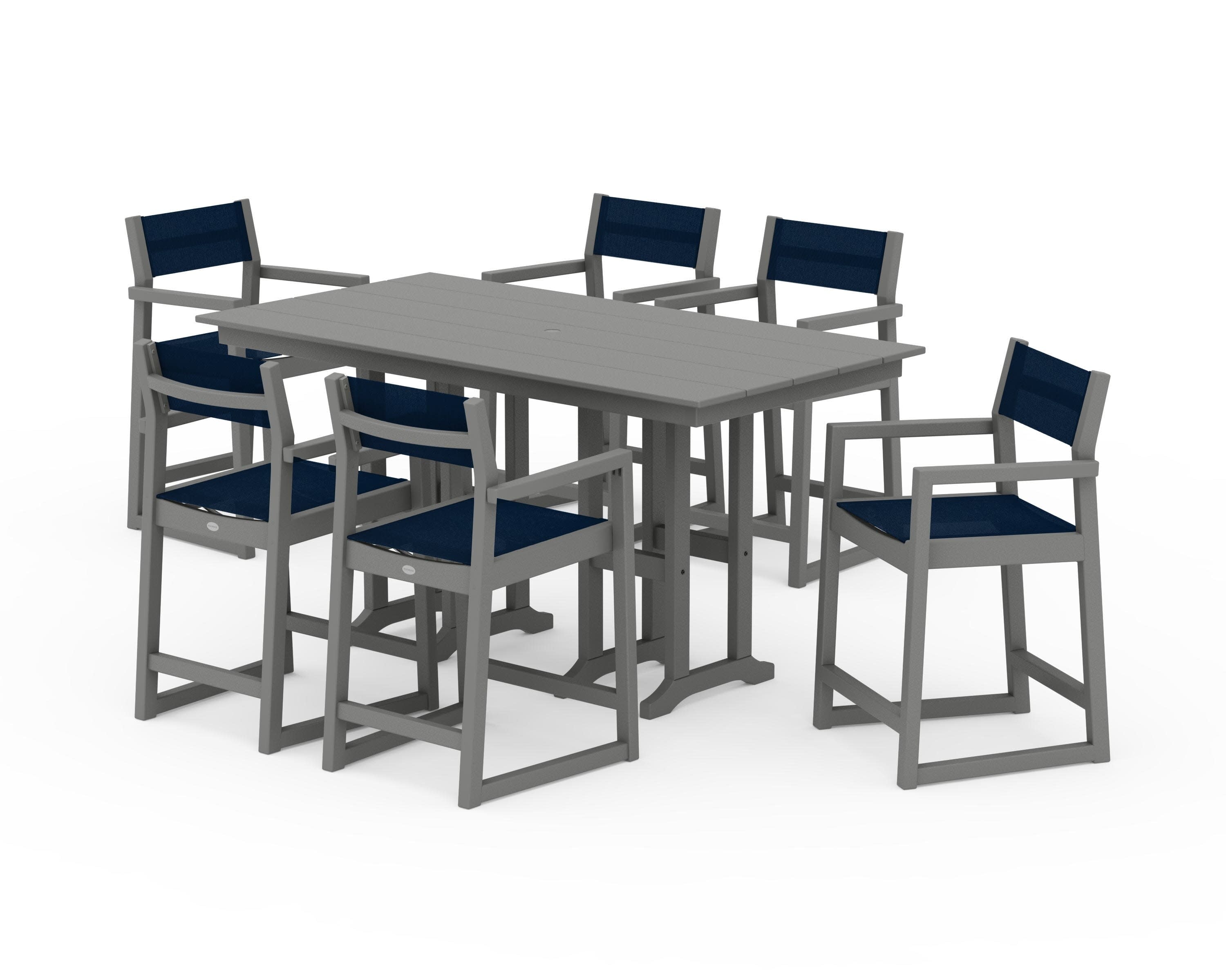 EDGE Sling Arm Chair 7-Piece Farmhouse Counter Set in Slate Grey / Navy Blue Sling