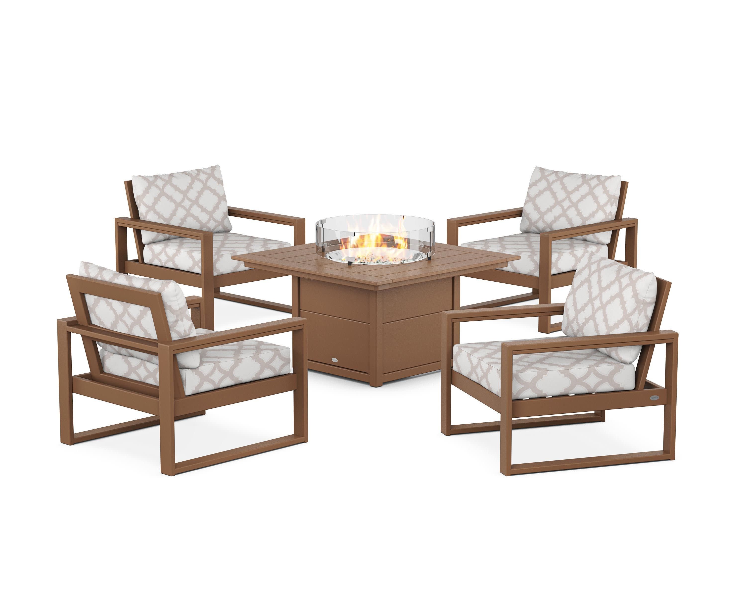 EDGE Sectional 5-Piece Deep Seating Set with Fire Pit Table in Teak / Trellis Dune Burlap