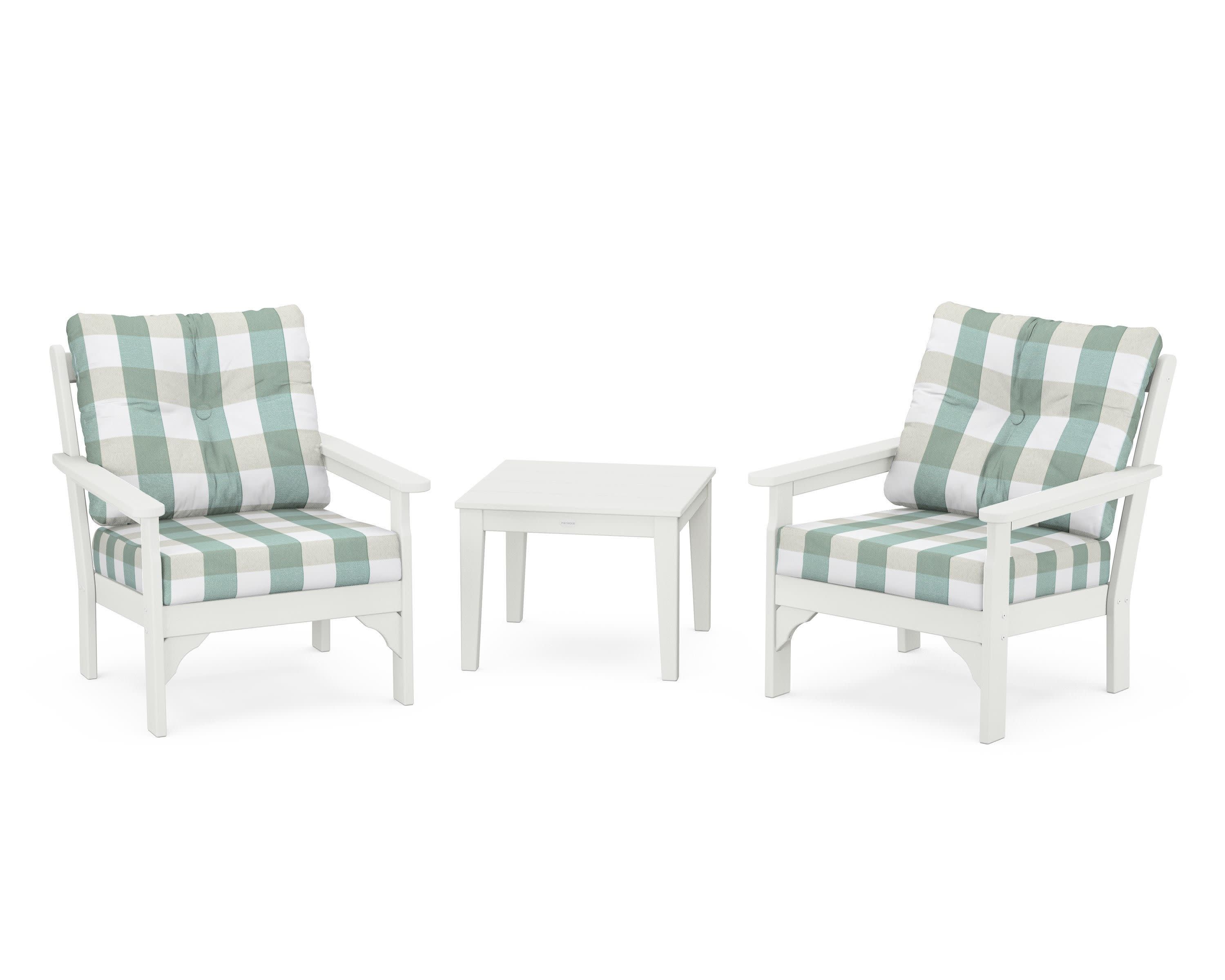 Vineyard 3-Piece Deep Seating Set in Vintage White / Buffalo Plaid Glacier Spa