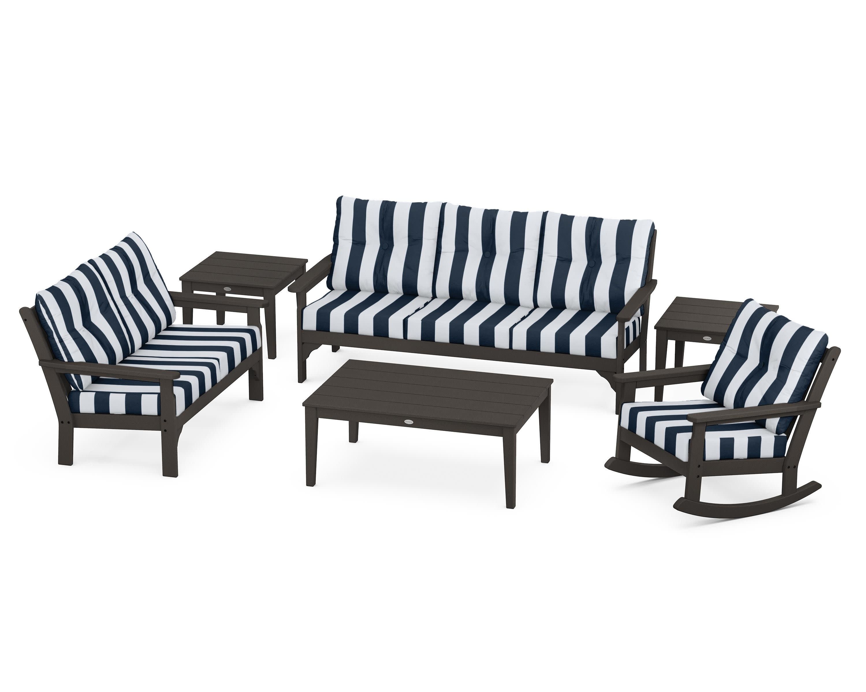 Vineyard 6-Piece Deep Seating Set in Vintage Coffee / Cabana Stripe Marine Indigo