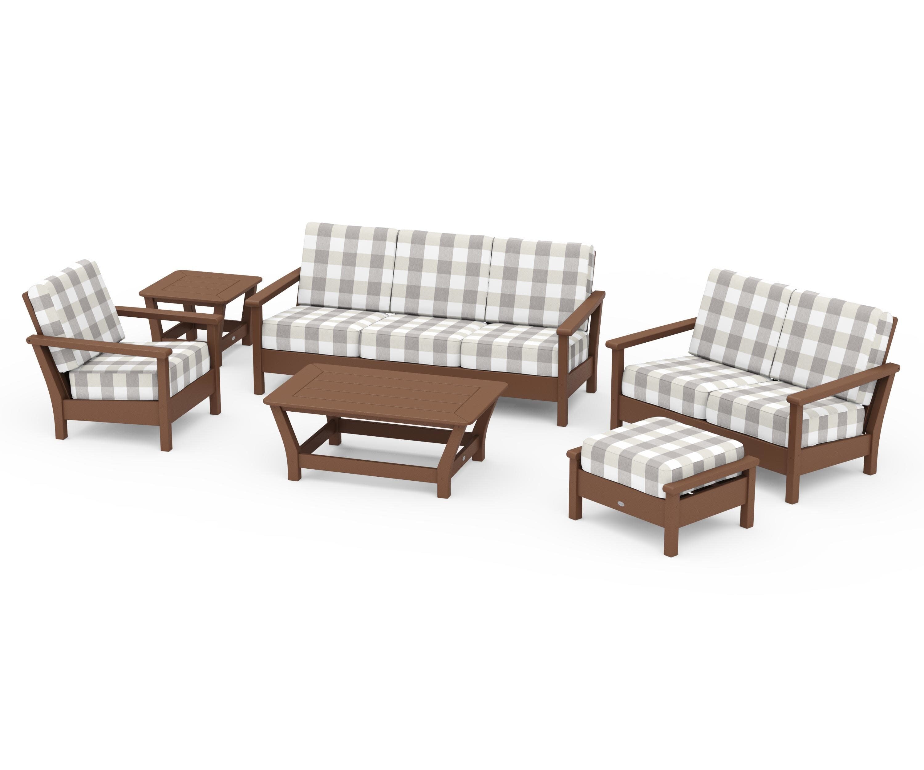Harbour 6-Piece Outdoor Living Set in Teak / Buffalo Plaid Grey Mist