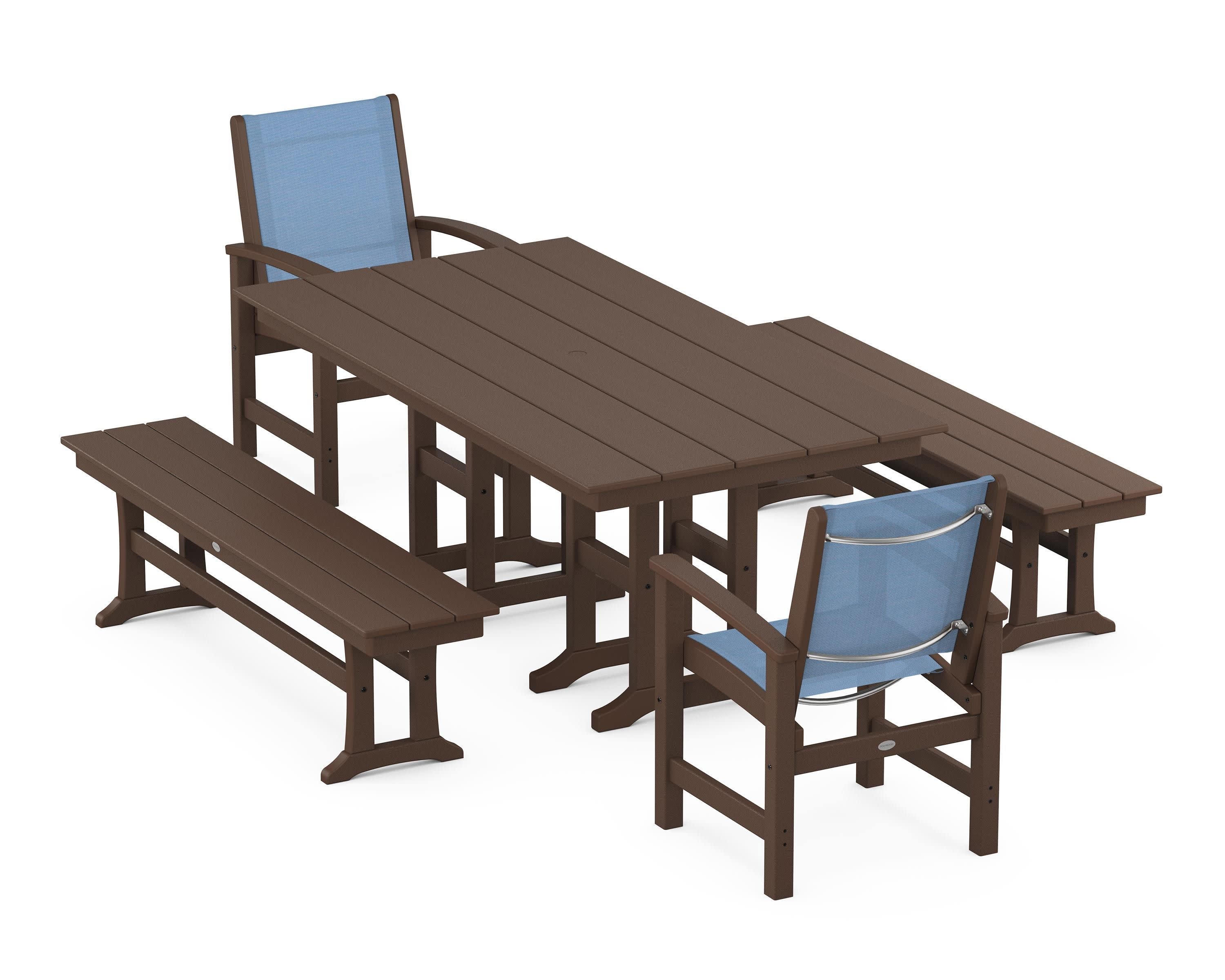 Coastal 5-Piece Farmhouse Dining Set in Mahogany / Poolside Sling