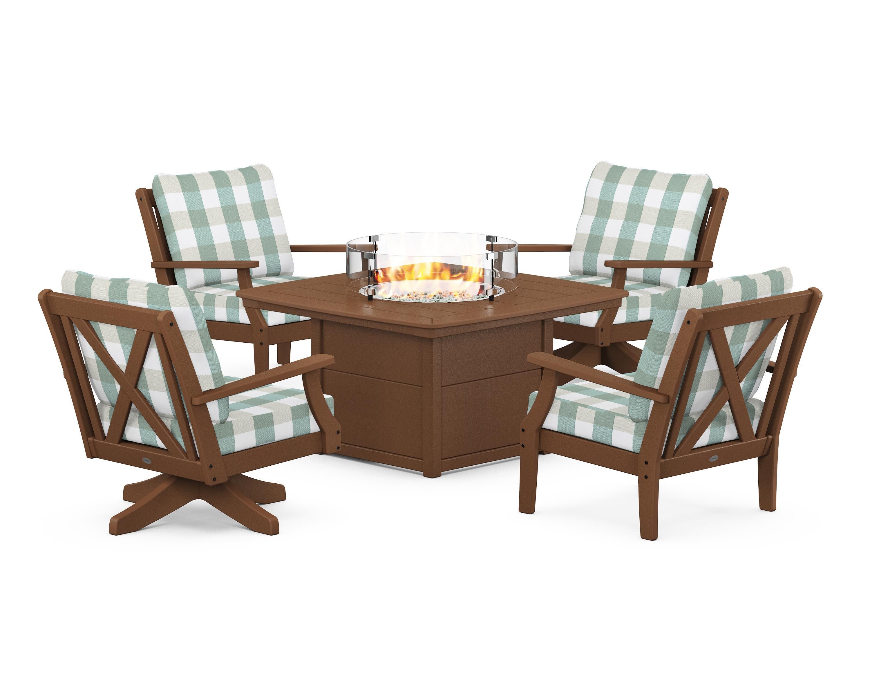 Braxton 5-Piece Deep Seating Set with Fire Table in Teak / Buffalo Plaid Glacier Spa