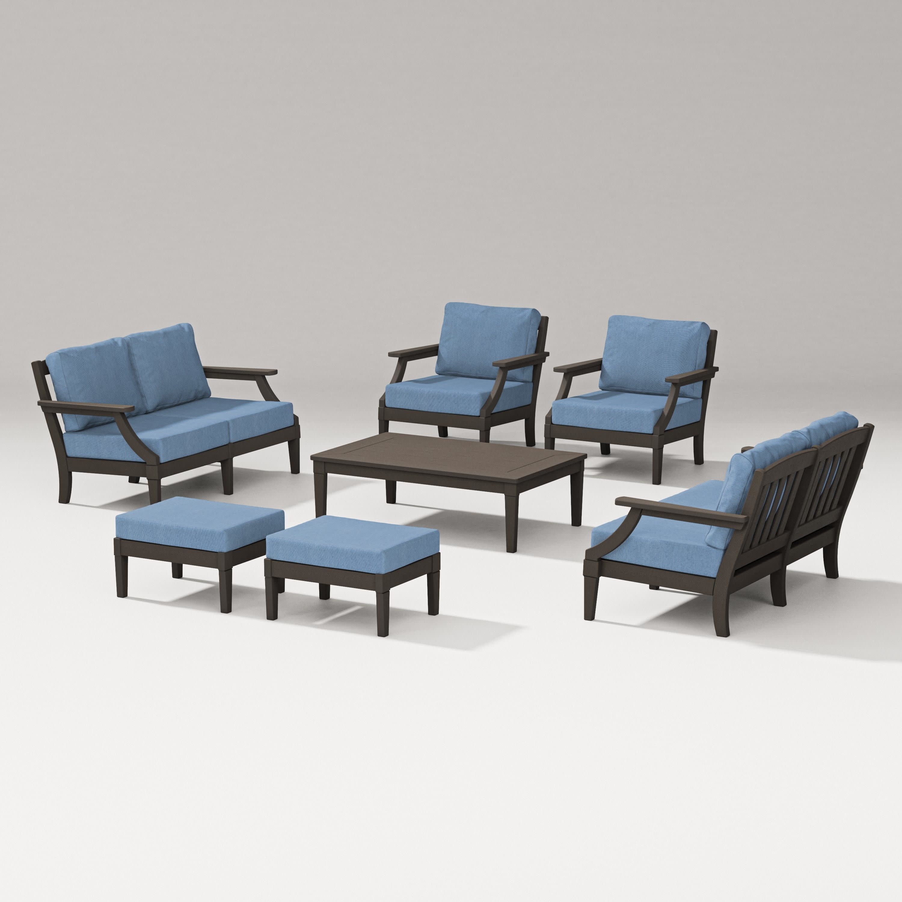 Estate 7-Piece Lounge Loveseat Set in Vintage Coffee / Sky Blue