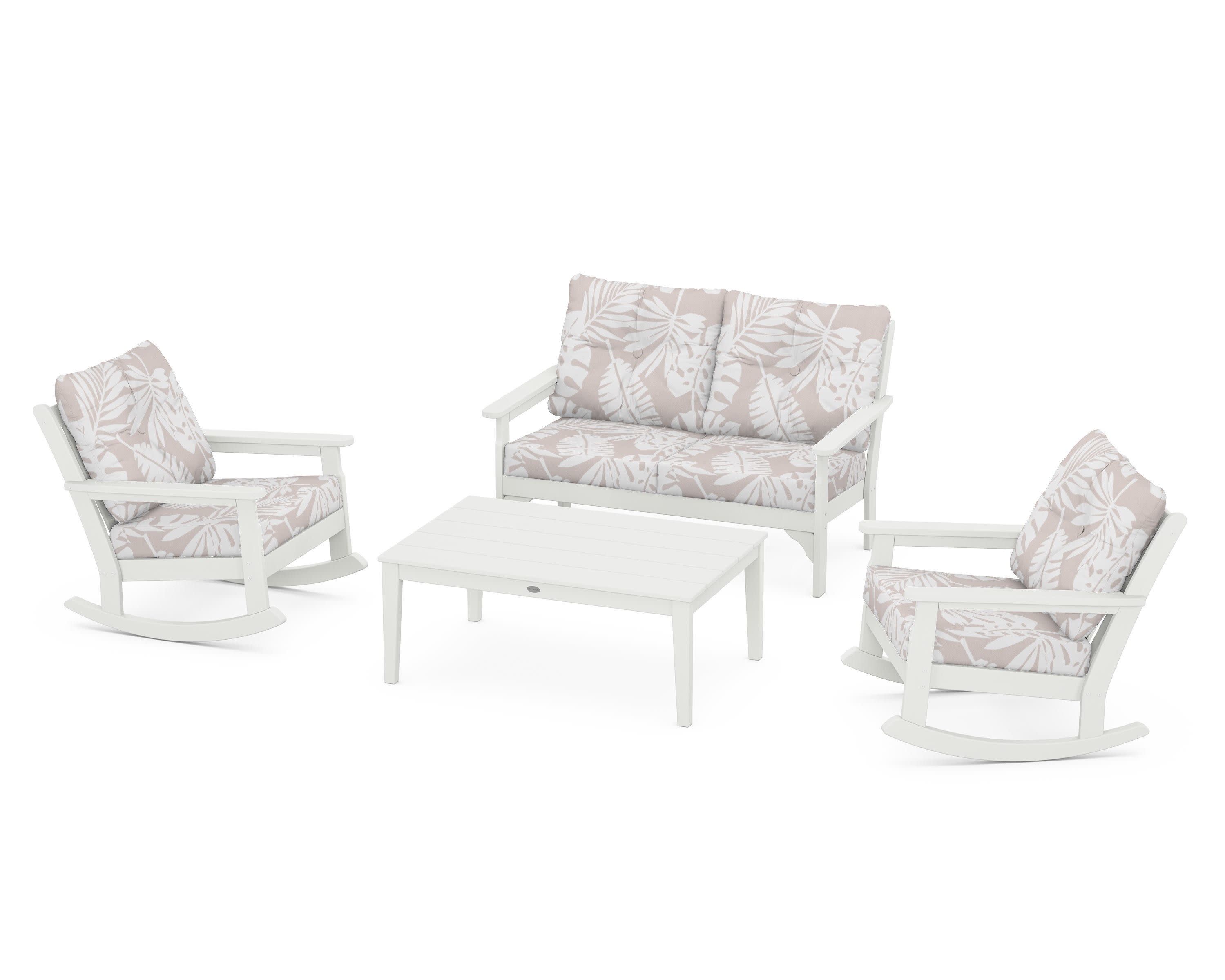 Vineyard 4-Piece Deep Seating Rocking Chair Set in Vintage White / Leaf Dune Burlap