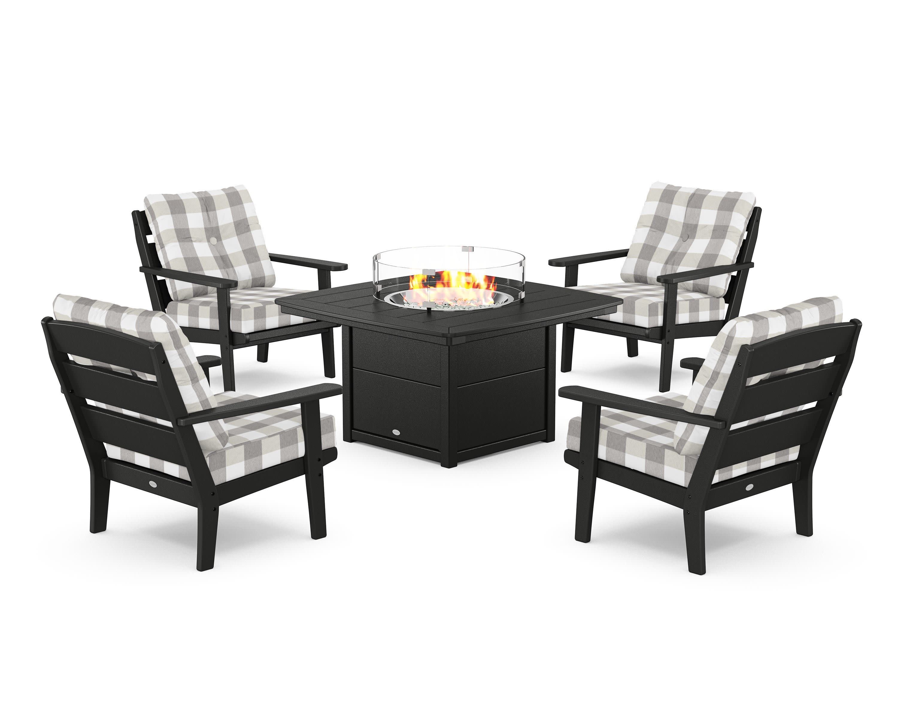 Lakeside 5-Piece Deep Seating Set with Nautical Fire Pit Table in Black / Buffalo Plaid Grey Mist