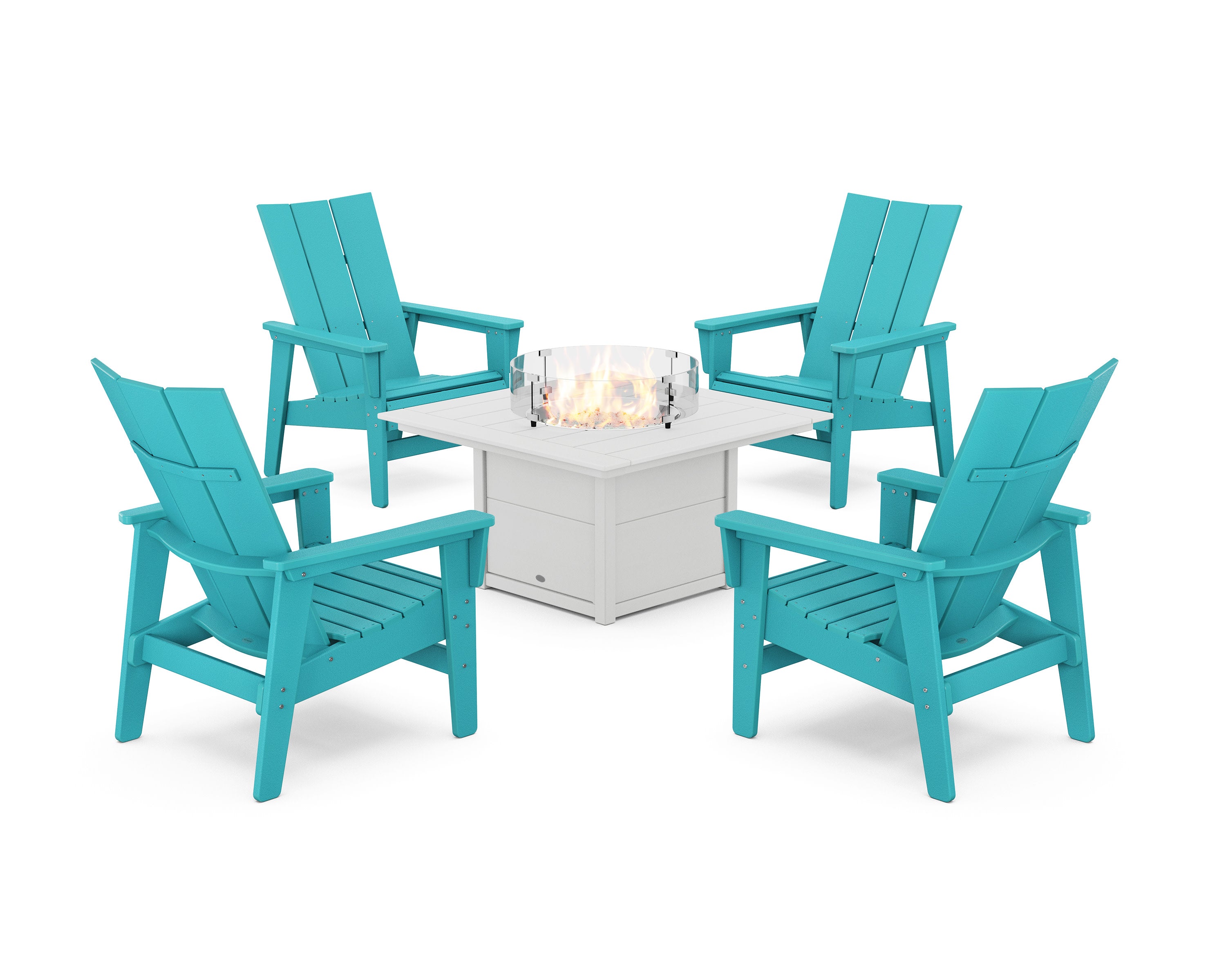 5-Piece Modern Grand Upright Adirondack Conversation Set with Fire Pit Table in Aruba / White