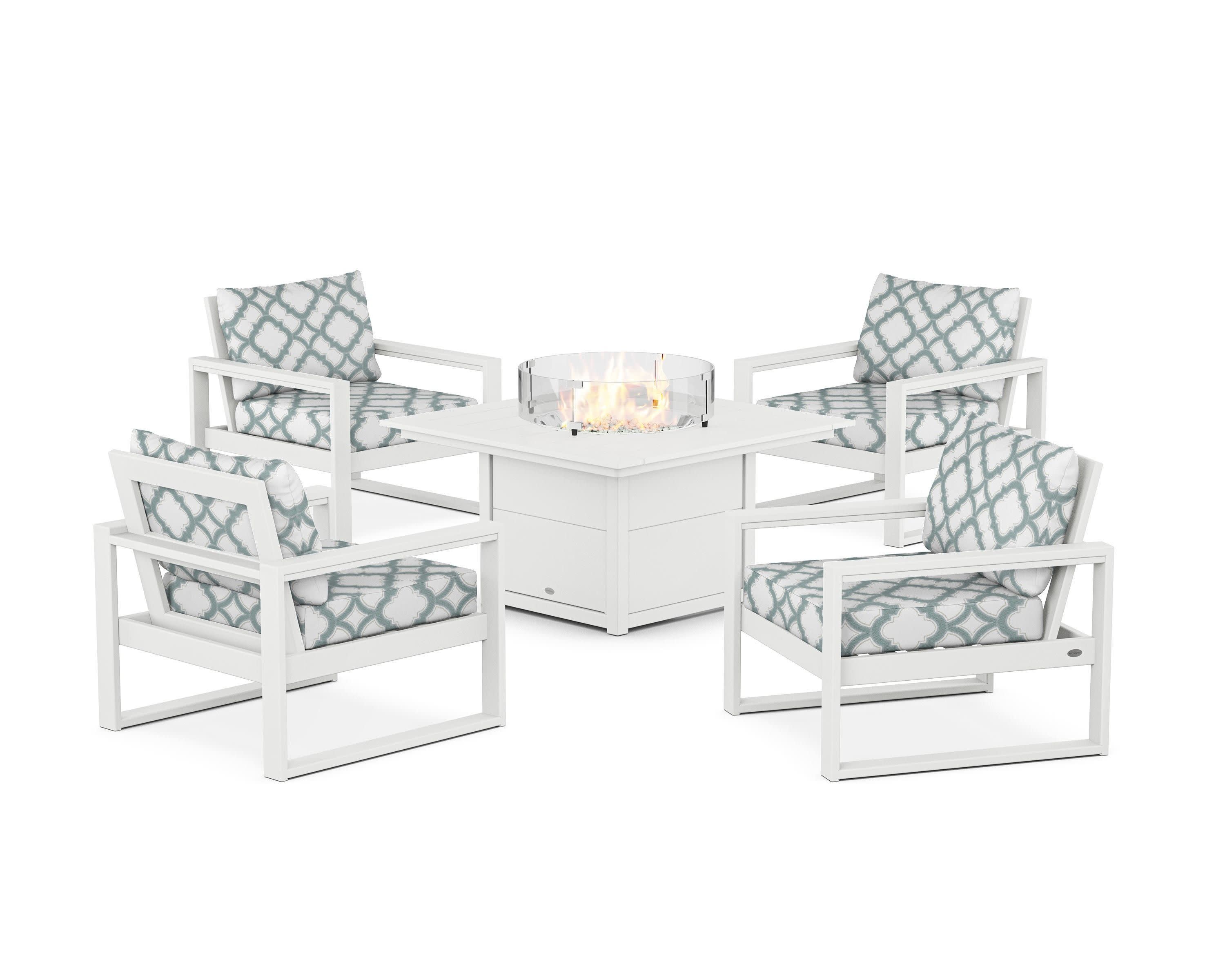 EDGE Sectional 5-Piece Deep Seating Set with Fire Pit Table in White / Trellis Glacier Spa