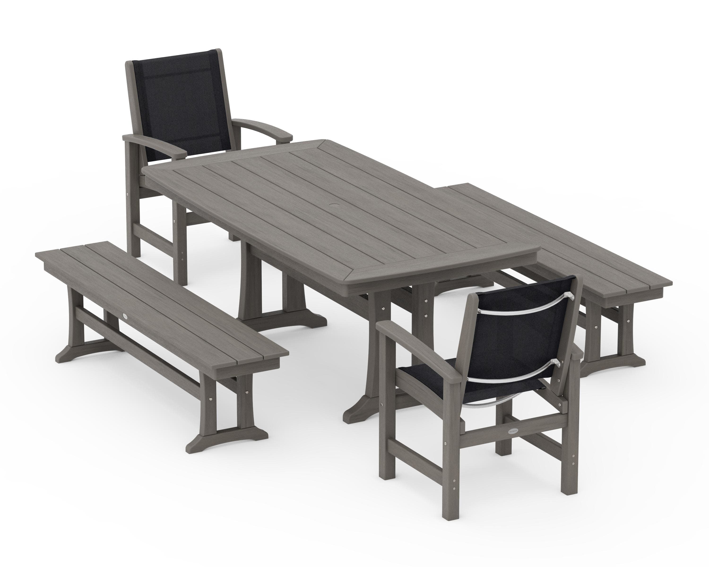 Coastal 5-Piece Dining Set with Trestle Legs and Benches in Driftwood / Black Sling
