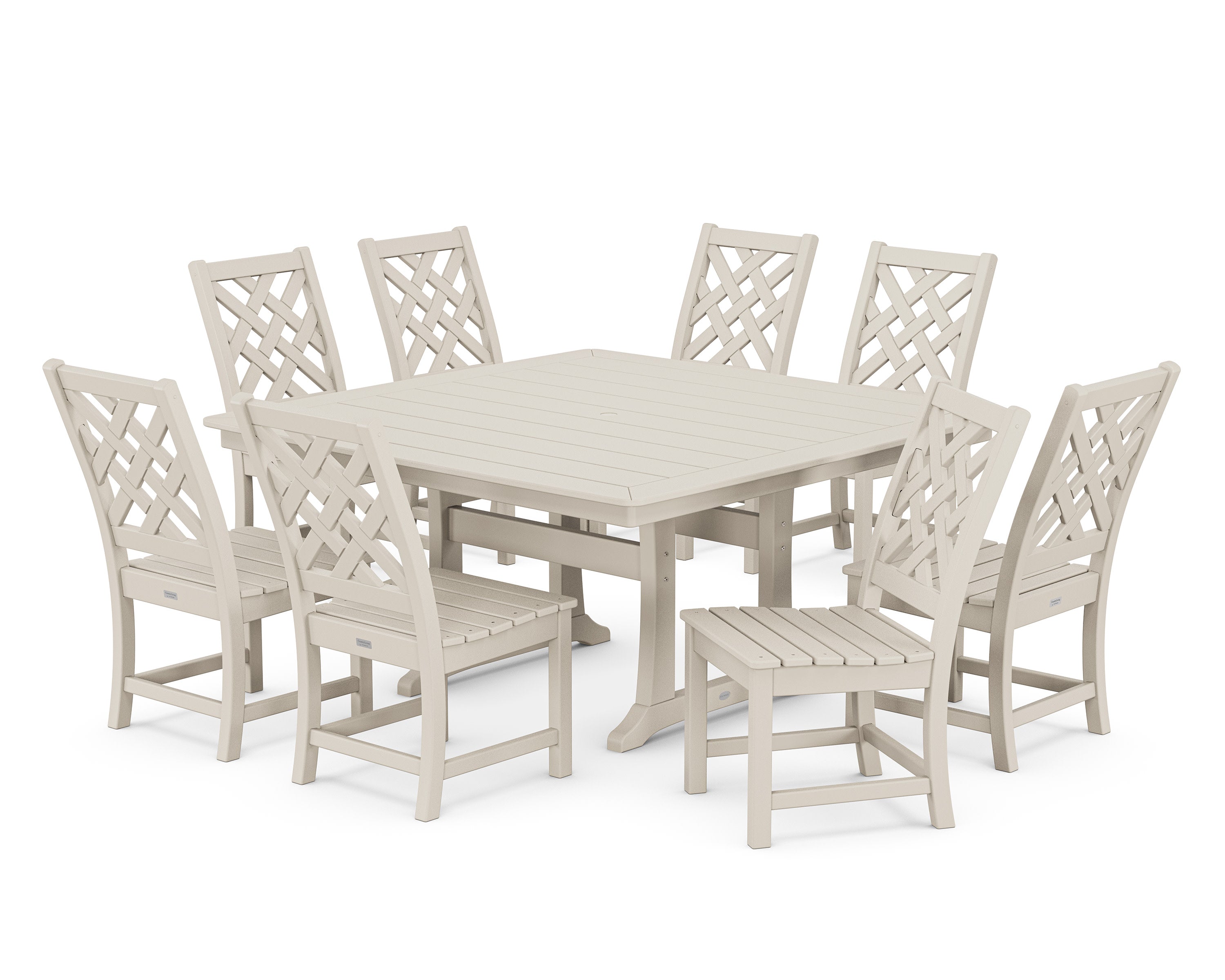 Wovendale Side Chair 9-Piece Square Dining Set with Trestle Legs in Sand
