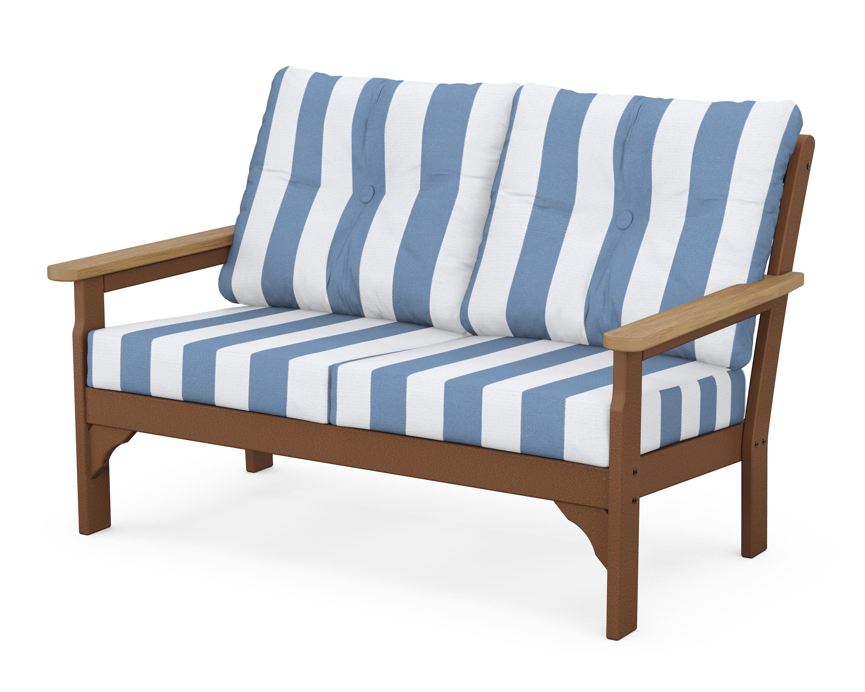 Vineyard Deep Seating Loveseat in Teak / Natural / Cabana Stripe Sky Blue