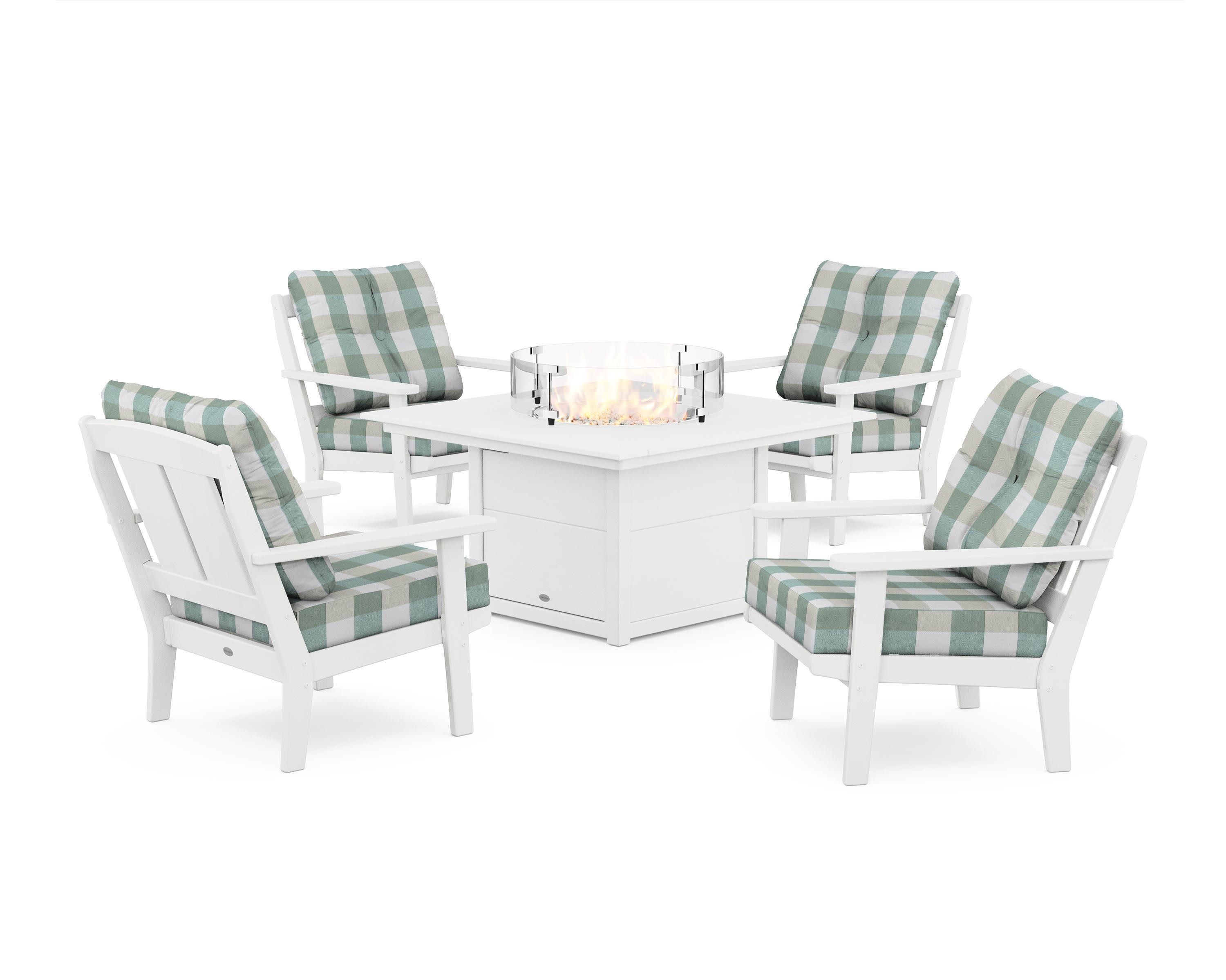 Mission 5-Piece Deep Seating Set with Fire Pit Table in White / Buffalo Plaid Glacier Spa