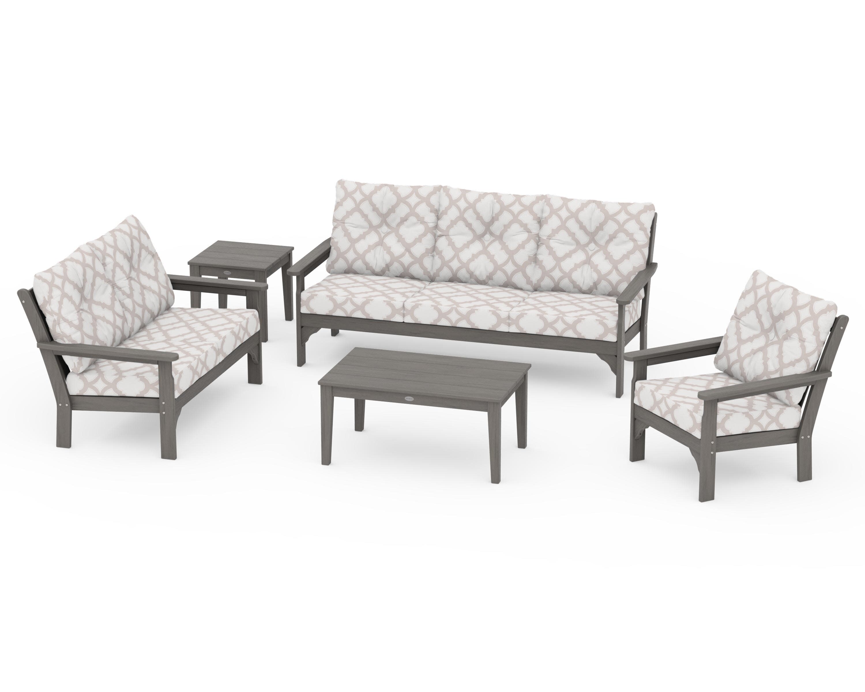 Vineyard 5 Piece Deep Seating Set in Driftwood / Trellis Dune Burlap