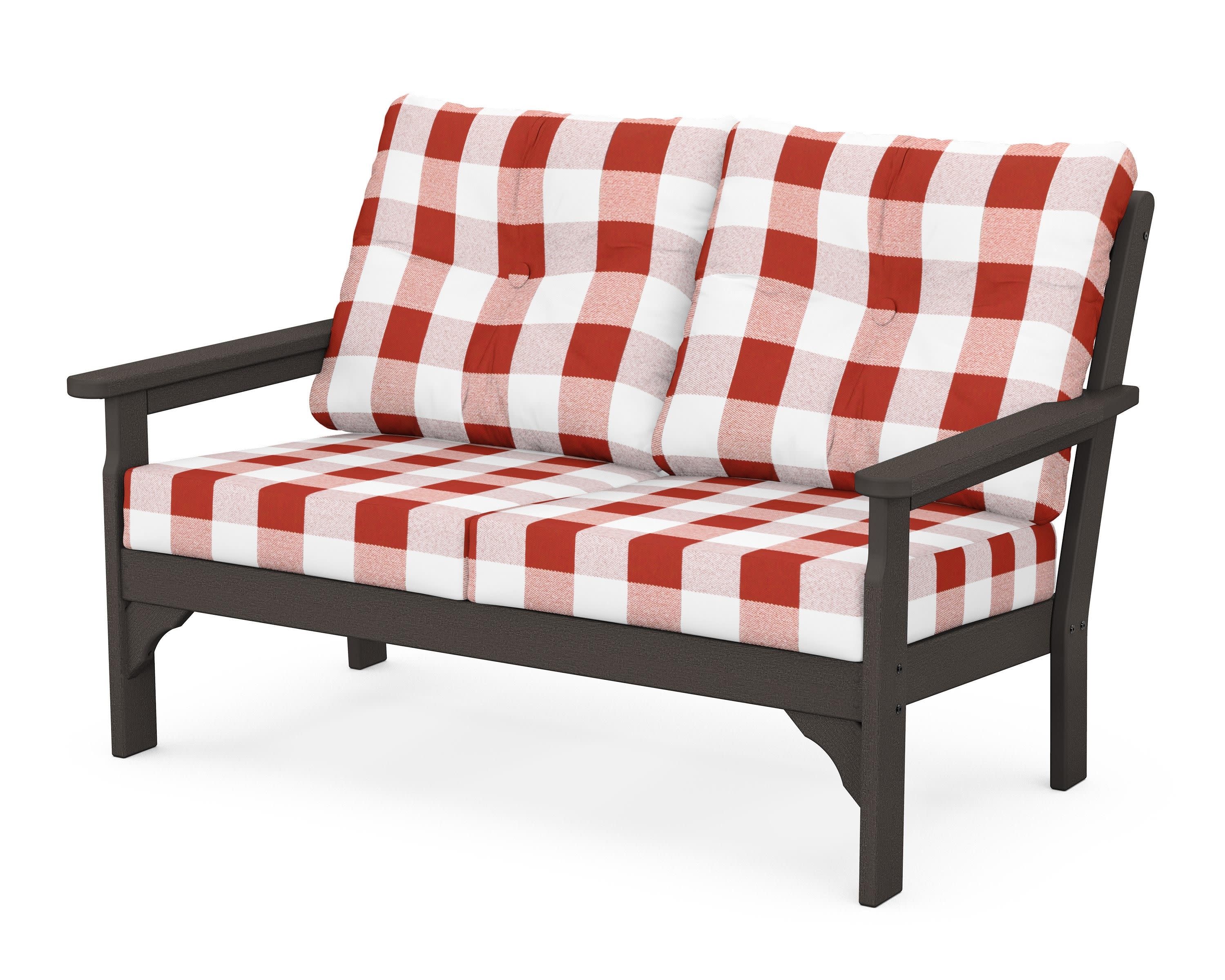 Vineyard Deep Seating Loveseat in Vintage Coffee / Buffalo Plaid Crimson