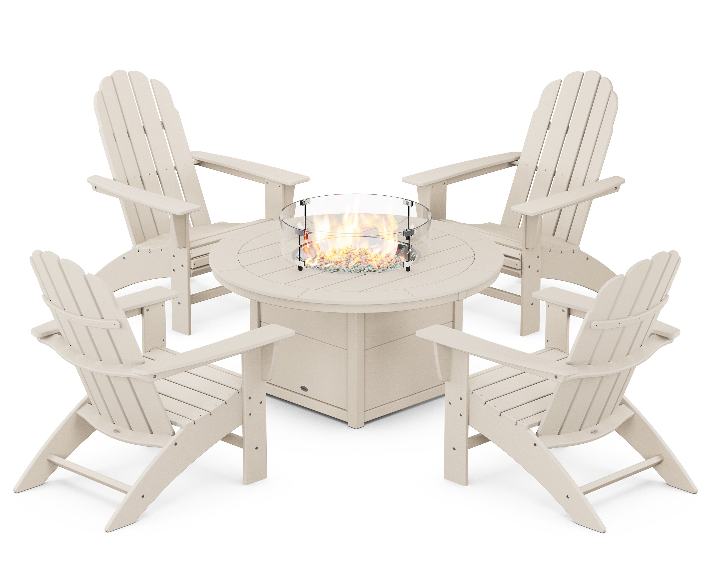 Vineyard Curveback Adirondack 5-Piece Conversation Set with Fire Pit Table in Sand