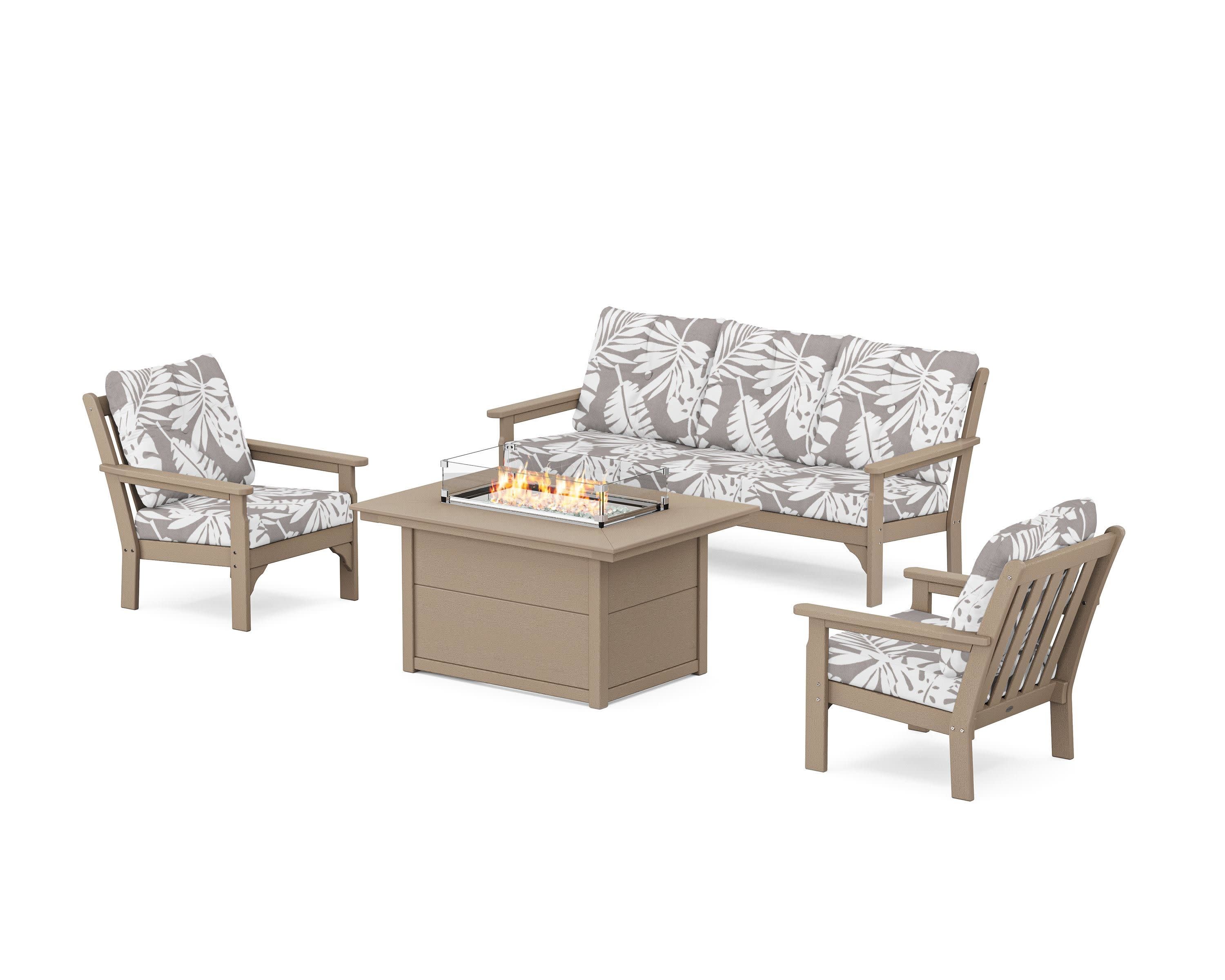 Vineyard Deep Seating Fire Pit Table Set in Vintage Sahara / Leaf Grey Mist